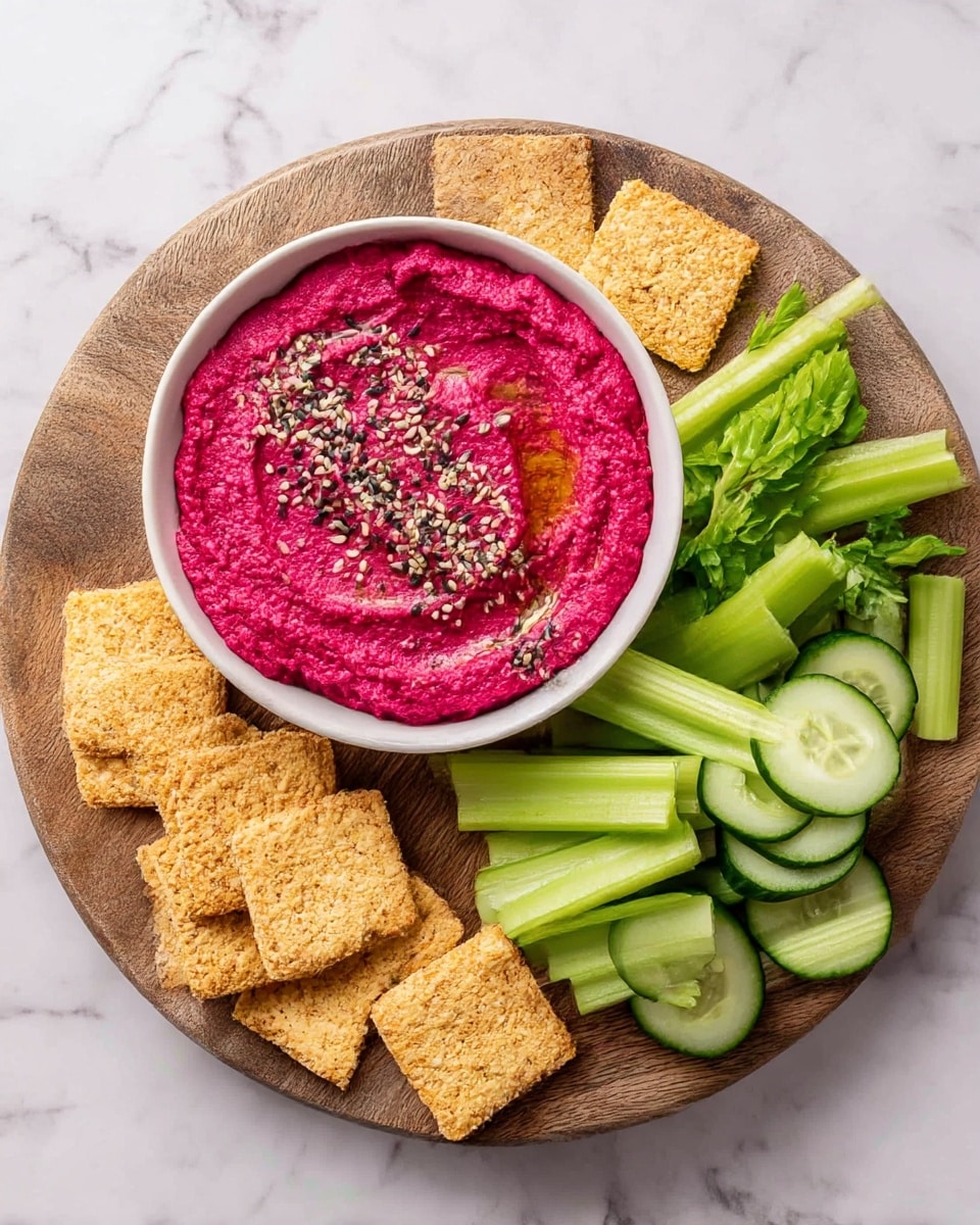 A round wooden board holds a creamy bright pink beet hummus in a white bowl on the left side, topped with a sprinkle of black and white seeds and a drizzle of oil. Surrounding the bowl, there are several rectangular golden crispy crackers, some leaning partly into the hummus. On the right side of the board, fresh green celery stalks with leaves and sliced cucumber halves are neatly arranged, adding fresh green color contrast. The board sits on a white marbled surface. photo taken with an iphone --ar 4:5 --v 7