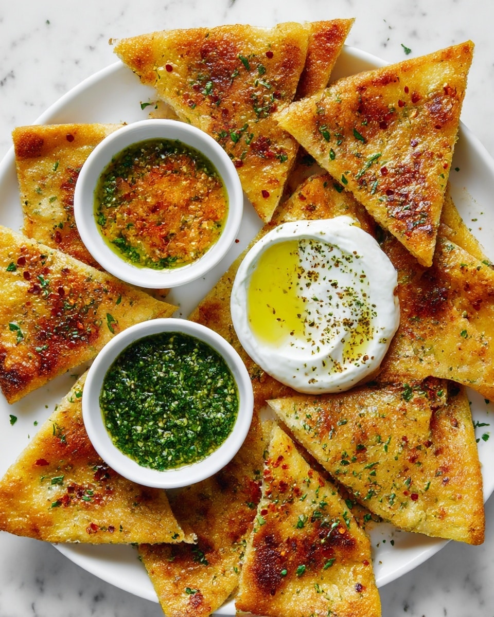 The image shows a white round plate on a white marbled surface filled with golden brown, crispy triangular slices of flatbread, each with a slightly bubbly and textured surface sprinkled with red chili flakes and chopped green herbs. In the center of the plate, there are two small white bowls: one containing a vibrant green, finely chopped herb sauce with a slightly glossy texture, and the other filled with a creamy white yogurt sauce drizzled with olive oil and lightly sprinkled with herbs and black pepper. The mise en place and the warm, golden hues of the bread contrast with the fresh green and white sauces, creating a visually appealing arrangement. photo taken with an iphone --ar 4:5 --v 7