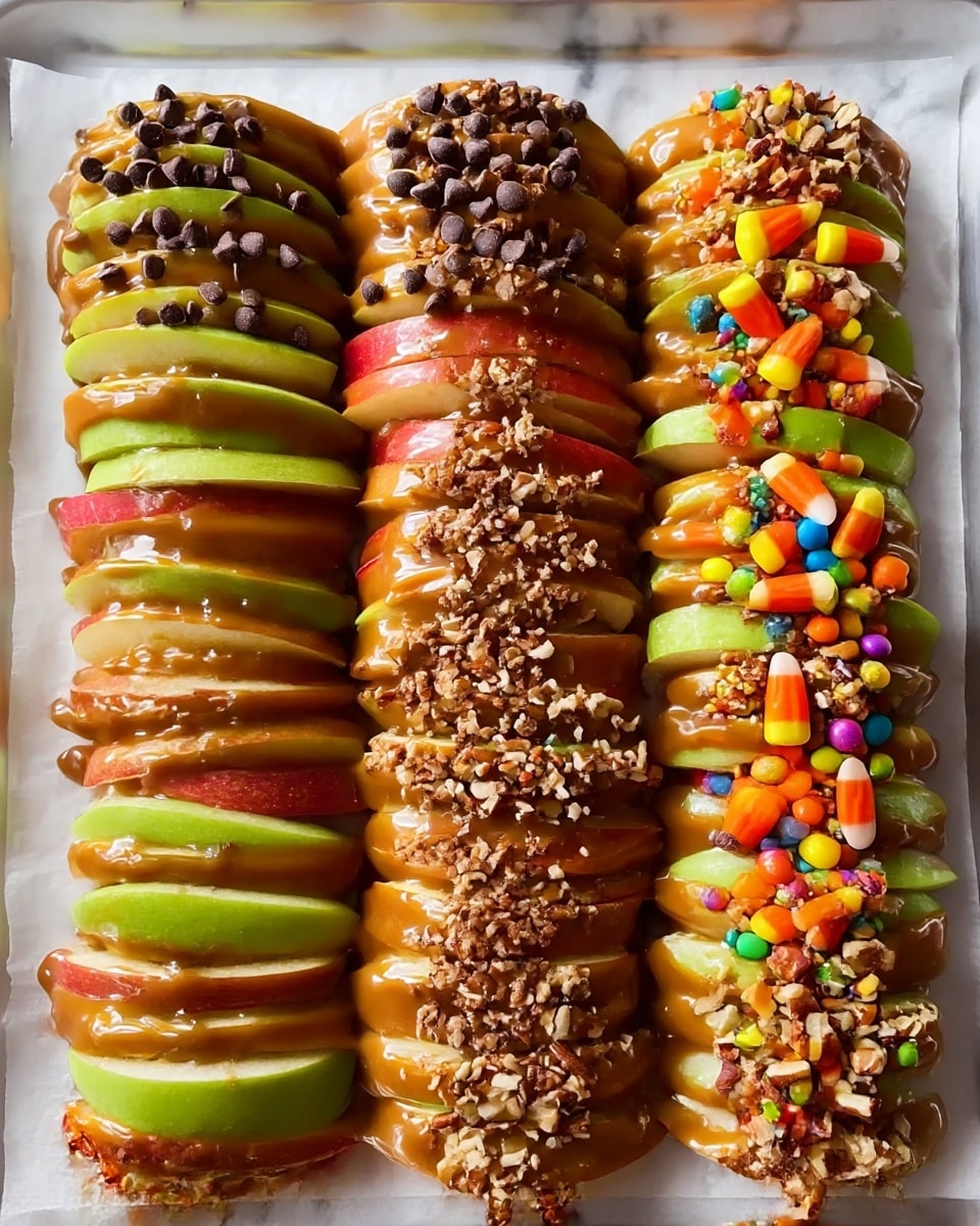 Seven rows of apple slices are laid out side by side on a white marbled textured tray lined with parchment paper. Each row has about seven thick, green and red apple slices stacked closely. A thick layer of caramel sauce is drizzled over each row, covering most of the apples. The toppings vary by row: the first row is topped with small dark chocolate chips, the second row with chopped nuts, the third with candy corn and small colorful candies, the fourth with more chopped nuts, the fifth with candy corn and small colorful candies, the sixth with chopped nuts, and the seventh with chopped nuts again. The shiny caramel sauce glistens under soft light, making the layers rich and layered with different textures and bright colors. Photo taken with an iphone --ar 4:5 --v 7