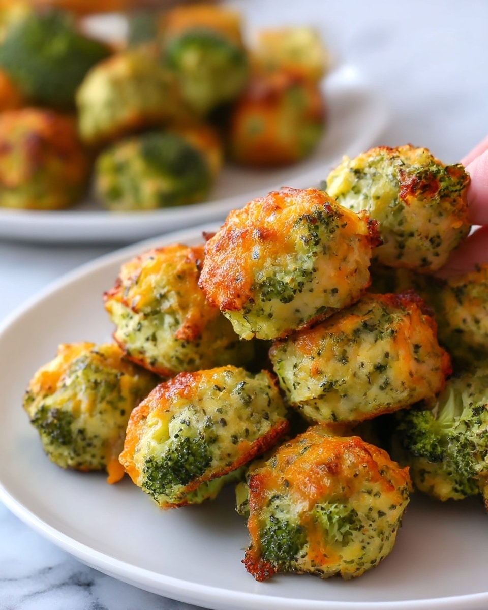 The image shows a close-up of a white plate filled with small broccoli and cheese bites. Each bite is round and textured with visible small green broccoli pieces mixed with melted golden-orange cheese that has browned slightly, giving a crispy look on the outside. The bites have a slightly rough surface, showing the mix of broccoli florets and cheese, and they are piled closely together on the plate. The background has a soft focus with another plate of similar bites, and the surface is a white marbled texture. photo taken with an iphone --ar 4:5 --v 7