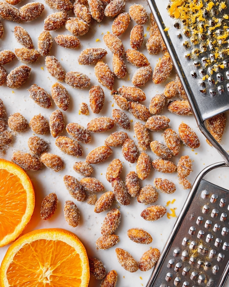 The image shows many roasted almonds covered in a rough sugar coating, spread out on a white marbled surface. The almonds have a bumpy texture from the crunchy sugar layer, showing colors of light brown and caramel. In the bottom left corner, there are two bright orange slices with visible juicy segments and a thin rind. In the top right corner, a metal grater with small holes shows some orange zest stuck in it, adding a pop of bright color to the scene. photo taken with an iphone --ar 4:5 --v 7