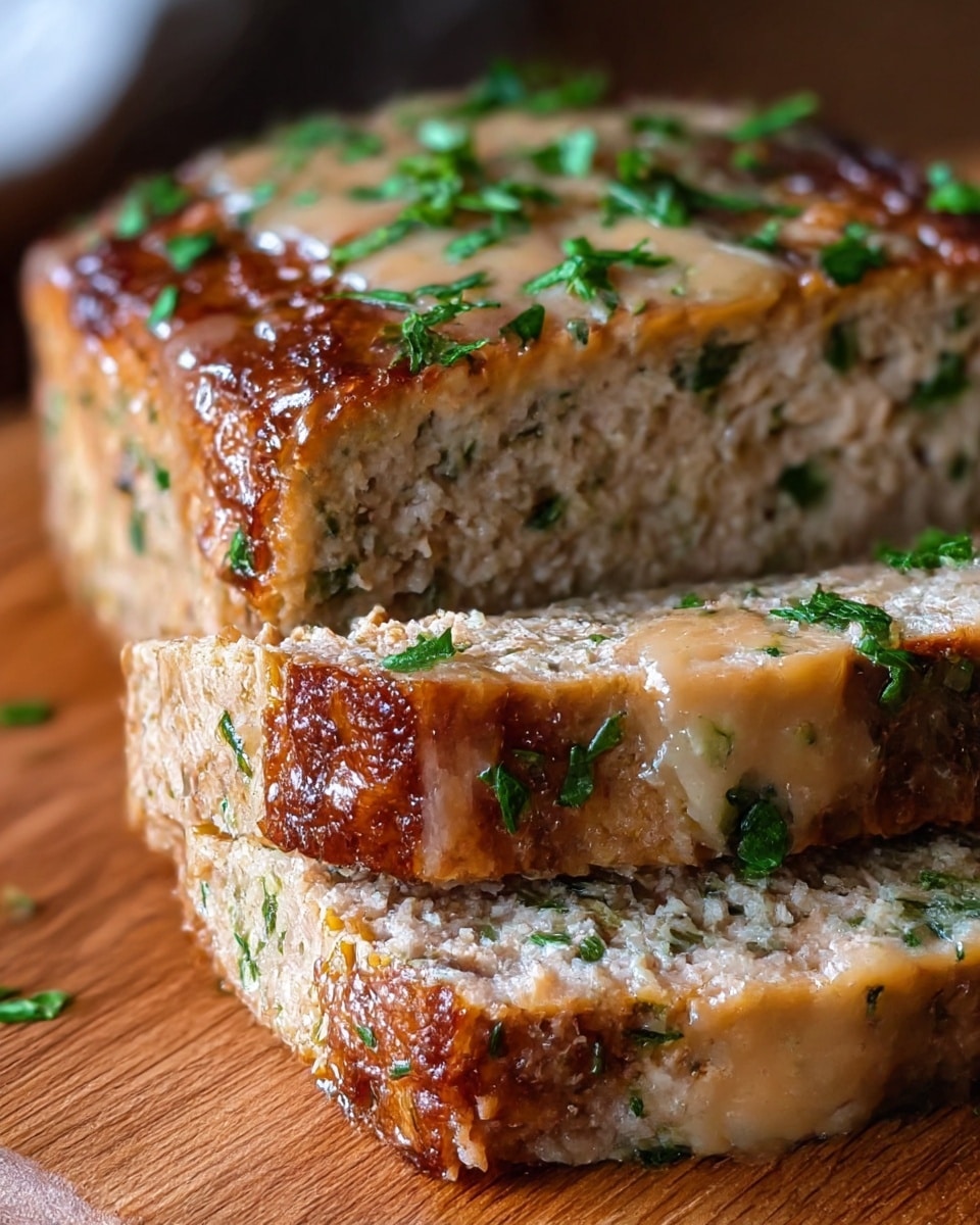 The image shows a close-up of a thick square meatloaf cut into two pieces on a wooden board. The meatloaf has a golden brown, slightly crispy outer layer with a moist, textured inside that has bits of green herbs mixed throughout. On top, the meatloaf is drizzled with a glossy light brown sauce and sprinkled with small pieces of fresh green herbs. The focus is on the front cut pieces, showing the inside layers clearly, while the background is blurred. photo taken with an iphone --ar 4:5 --v 7