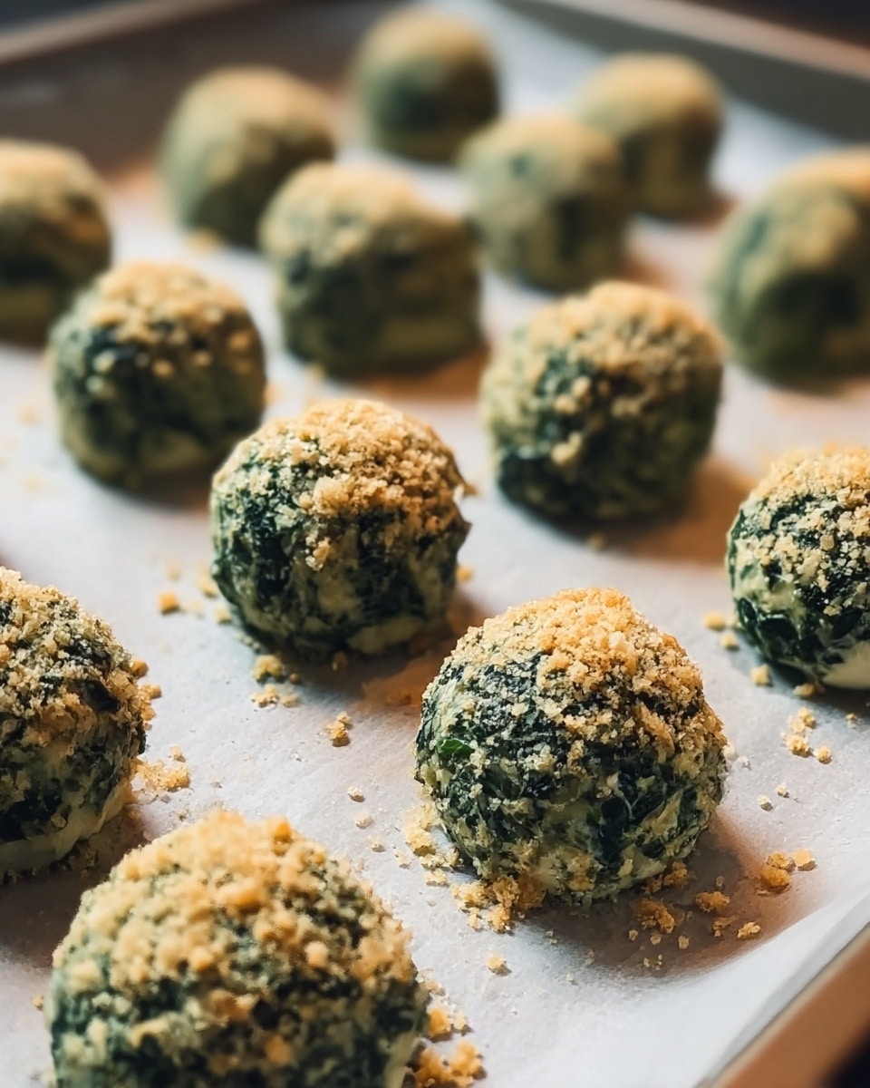 Small round balls of food are arranged evenly on a baking sheet lined with parchment paper. Each ball has two visible layers: a dark green, leafy layer that looks like spinach mixed throughout, and a creamy off-white layer that creates a soft base. The top is sprinkled with a crumbly light tan topping that adds texture contrast to the smooth cream and greens below. The image focuses closely on the balls, showing their rough, uneven surfaces and crumb dust scattered on the parchment. The background is blurred but appears to be a cooking tray edge. photo taken with an iphone --ar 4:5 --v 7