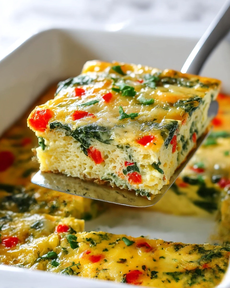 A square piece of baked egg casserole is being lifted by a metal spatula from a white baking dish, showing three visible layers: a bottom layer of light yellow, porous baked egg, a middle layer packed with chopped red bell peppers and green spinach pieces, and a top layer of melted golden cheese mixed with green herbs and small bits of red pepper, giving a speckled colorful texture. The casserole has a moist but firm look with fresh chopped green herbs sprinkled on top. The dish is placed on a surface with white marbled texture. photo taken with an iphone --ar 4:5 --v 7