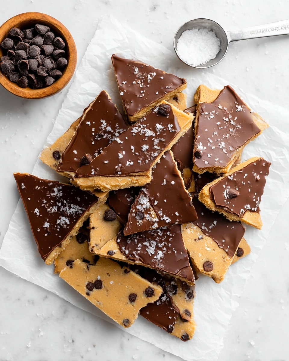A pile of broken chocolate chip cookie dough bark pieces laid on white parchment paper over a white marbled surface. Each piece has two layers: the bottom layer is light tan cookie dough with visible dark chocolate chips scattered throughout, and the top layer is smooth, glossy dark chocolate sprinkled lightly with coarse sea salt flakes. The bark is cut into irregular triangular and rectangular shapes, showing a contrast between the textured cookie dough and the shiny chocolate layer. A metal measuring spoon filled with chocolate chips and a small wooden bowl of coarse salt sit nearby. Photo taken with an iphone --ar 4:5 --v 7