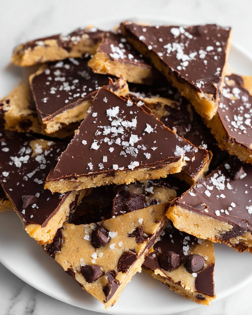 The image shows several broken pieces of a two-layer dessert on a white plate, set on a white marbled surface. The bottom layer is a cookie dough with visible dark brown chocolate chips scattered throughout, giving a crumbly texture and a light tan color. The top layer is a thick, smooth chocolate layer in dark brown, sprinkled with coarse white sea salt flakes which add texture and contrast. The pieces vary in triangular and irregular shapes, overlapping each other closely. photo taken with an iphone --ar 4:5 --v 7