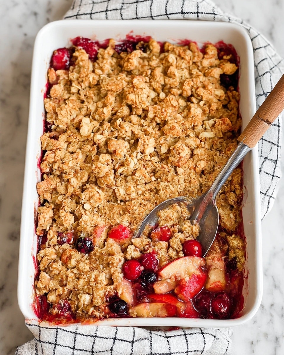 A white rectangular dish holds a mixed berry and apple crumble with two clear layers. The bottom layer shows juicy red cranberries, sliced apples with red skin, and a few visible blueberries, all softened and slightly syrupy. The top layer consists of a thick, golden-brown oat crumble topping with uneven, chunky pieces that have a rough, crumbly texture. Kitchen towel with black grid lines partially surrounds the dish, with a metal serving spoon resting inside, its wooden handle leaning on the dish edge. The dish sits on a white marbled surface. photo taken with an iphone --ar 4:5 --v 7