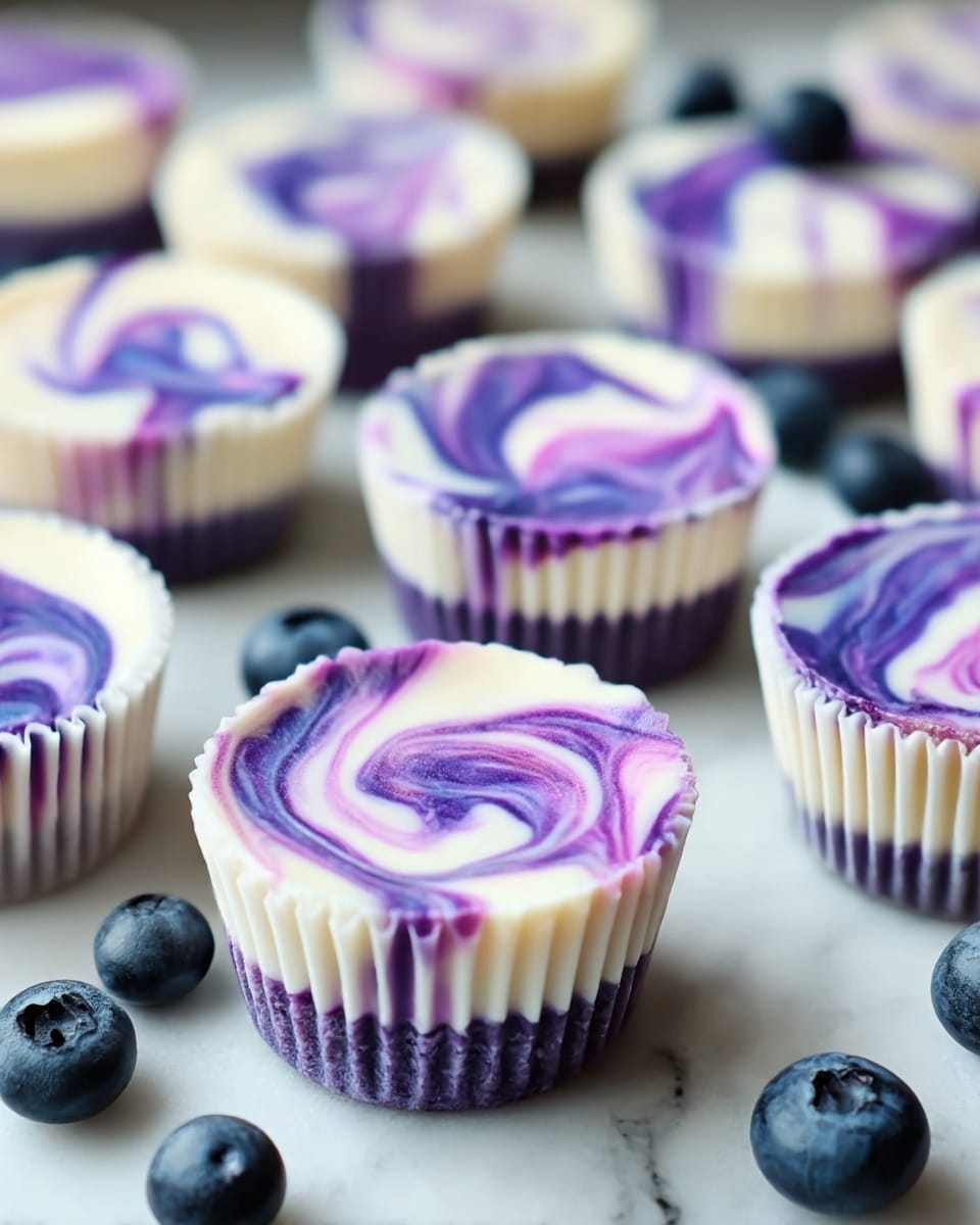 The image shows several small cheesecake bites placed on a white marble surface, each in white cupcake liners. Each cheesecake bite has two visible layers: a purple-blue layer at the bottom with a slightly textured look, likely from blueberries, and a smooth creamy white layer on top. The top layer has swirling patterns in bright purple and white, creating a marbled effect that varies slightly for each bite. Scattered around the cheesecake bites are whole fresh blueberries, adding a dark blue contrast to the light background. The lighting is soft, highlighting the smooth creamy texture and vibrant swirl colors. photo taken with an iphone --ar 4:5 --v 7