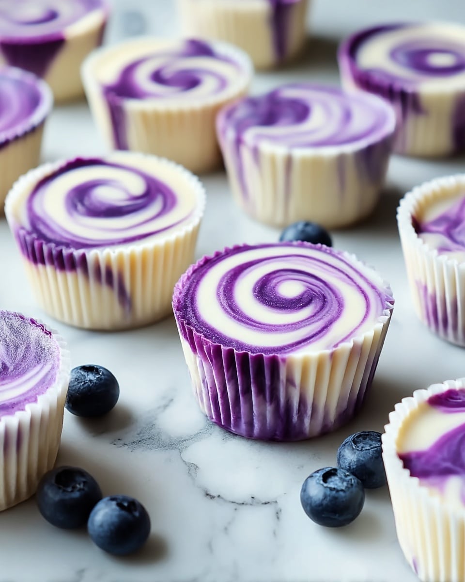 The image shows several small cheesecake cups arranged on a white marbled surface. Each cheesecake cup has two visible layers: a creamy white base layer and a vibrant purple layer swirled smoothly into the white on top, creating a spiral pattern. The sides of the cheesecake cups reveal a marbled blend of white and purple colors that appear smooth and creamy. A few fresh blueberries are scattered around the cheesecake cups, adding texture and a deep blue contrast. The cheesecake cups are in white paper liners that highlight the colors of the dessert. Photo taken with an iphone --ar 4:5 --v 7