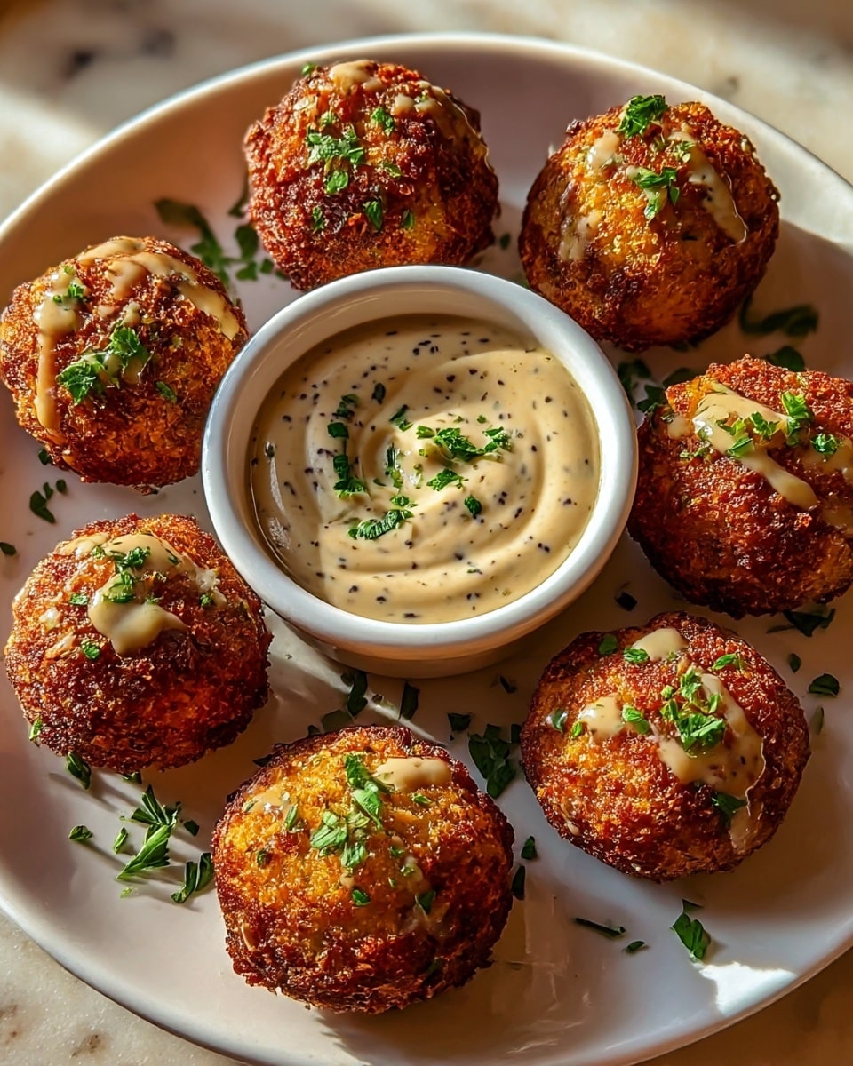 A white round plate holds seven golden-brown fried balls arranged in a circle around a small white bowl of creamy dipping sauce speckled with black and green herbs. Each fried ball is crispy with a textured surface and topped with a drizzle of light tan sauce and bits of fresh green parsley. The sauce in the bowl is thick, swirled with thicker peaks, and garnished with scattered fresh green herbs. The plate sits on a white marbled surface with a cozy, warm lighting that highlights the crispy texture and rich colors. photo taken with an iphone --ar 4:5 --v 7