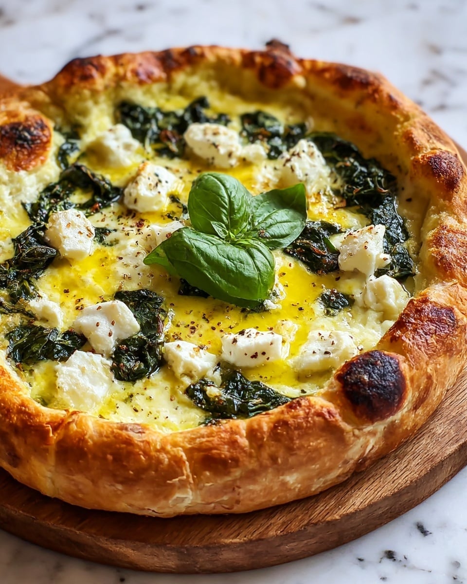 A round pizza with a thick, golden-brown crust that is slightly puffed and has some charred spots on the edges. The first layer is a creamy white cheese base visible under a bright yellow layer of melted butter or oil. On top, there are dark green wilted spinach leaves spread evenly around the pizza. Scattered in between the spinach are chunks of soft white cheese, some sprinkled with black pepper. A single fresh green basil leaf sits in the center. The pizza is placed on a wooden board set on a white marbled texture. Photo taken with an iphone --ar 4:5 --v 7