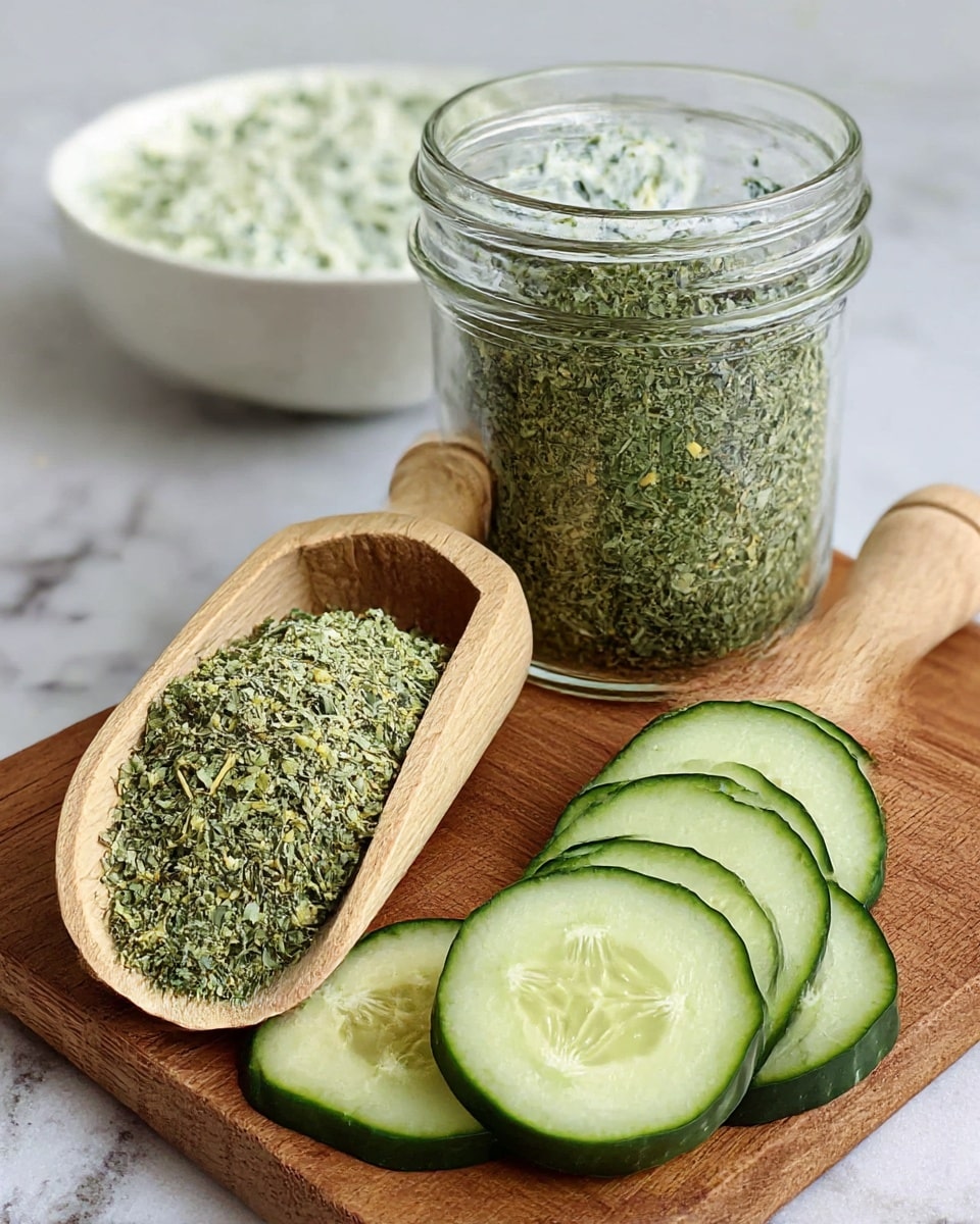 The image shows a wooden board on a white marbled surface with a clear glass jar filled with green dried herbs standing next to a wooden scoop also filled with the same green herb mixture. Next to the scoop are five fresh cucumber slices arranged in a neat row, showing light green flesh with seeds in the center and a darker green peel around the edges. In the background, slightly out of focus, is a white bowl filled with a creamy white dip that has green herbs mixed in, giving it a textured, speckled appearance. Photo taken with an iphone --ar 4:5 --v 7