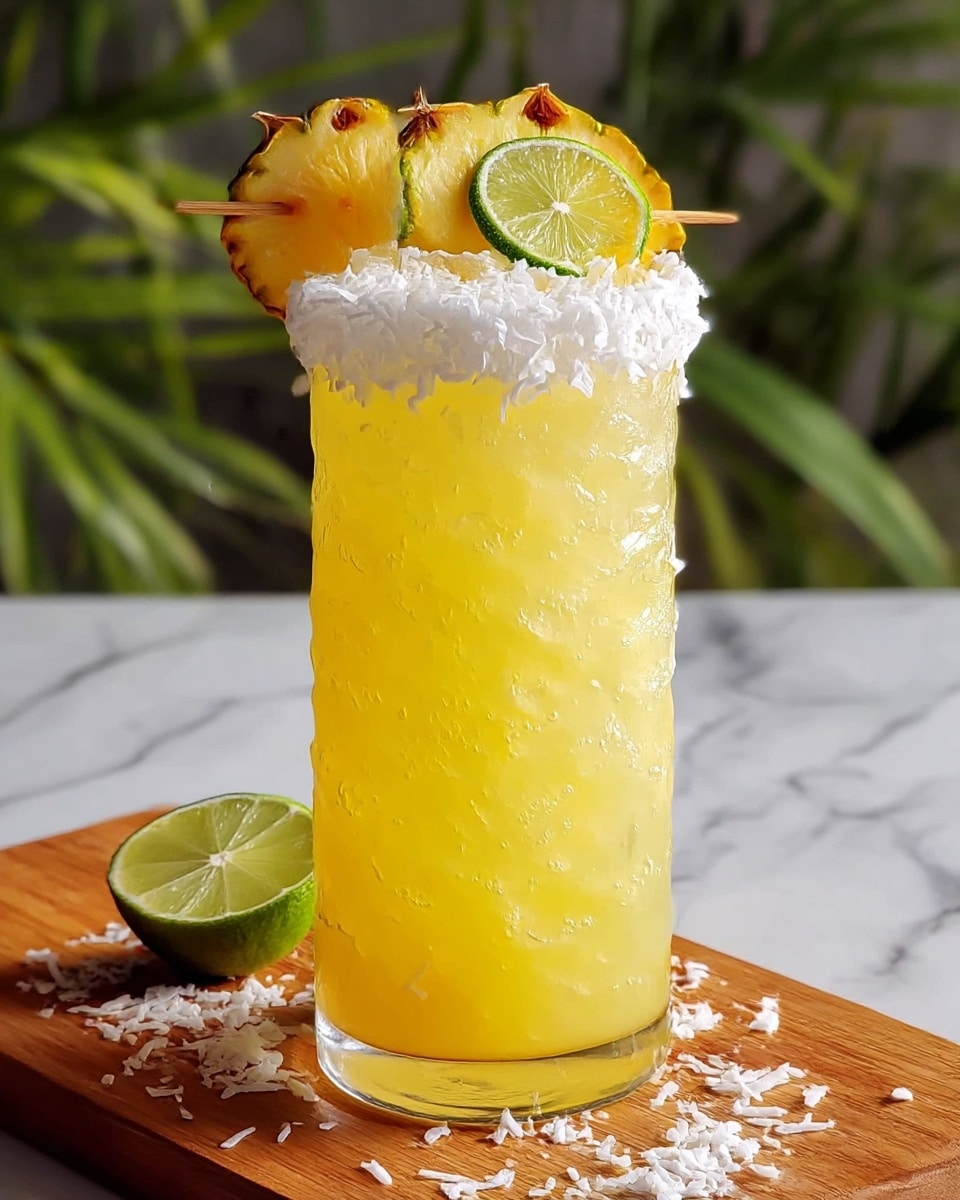 The image shows a tall clear glass filled with a bright yellow, bubbly drink with ice inside. The rim of the glass is covered with a white shredded coconut layer, adding texture and contrast. On top of the drink, there is a skewer holding two round pineapple slices with a green lime slice in the middle. The glass stands on a wooden board with some scattered white coconut shreds and a half lime placed nearby. In the background, there are blurred green plants and the base has a white marbled texture. photo taken with an iphone --ar 4:5 --v 7