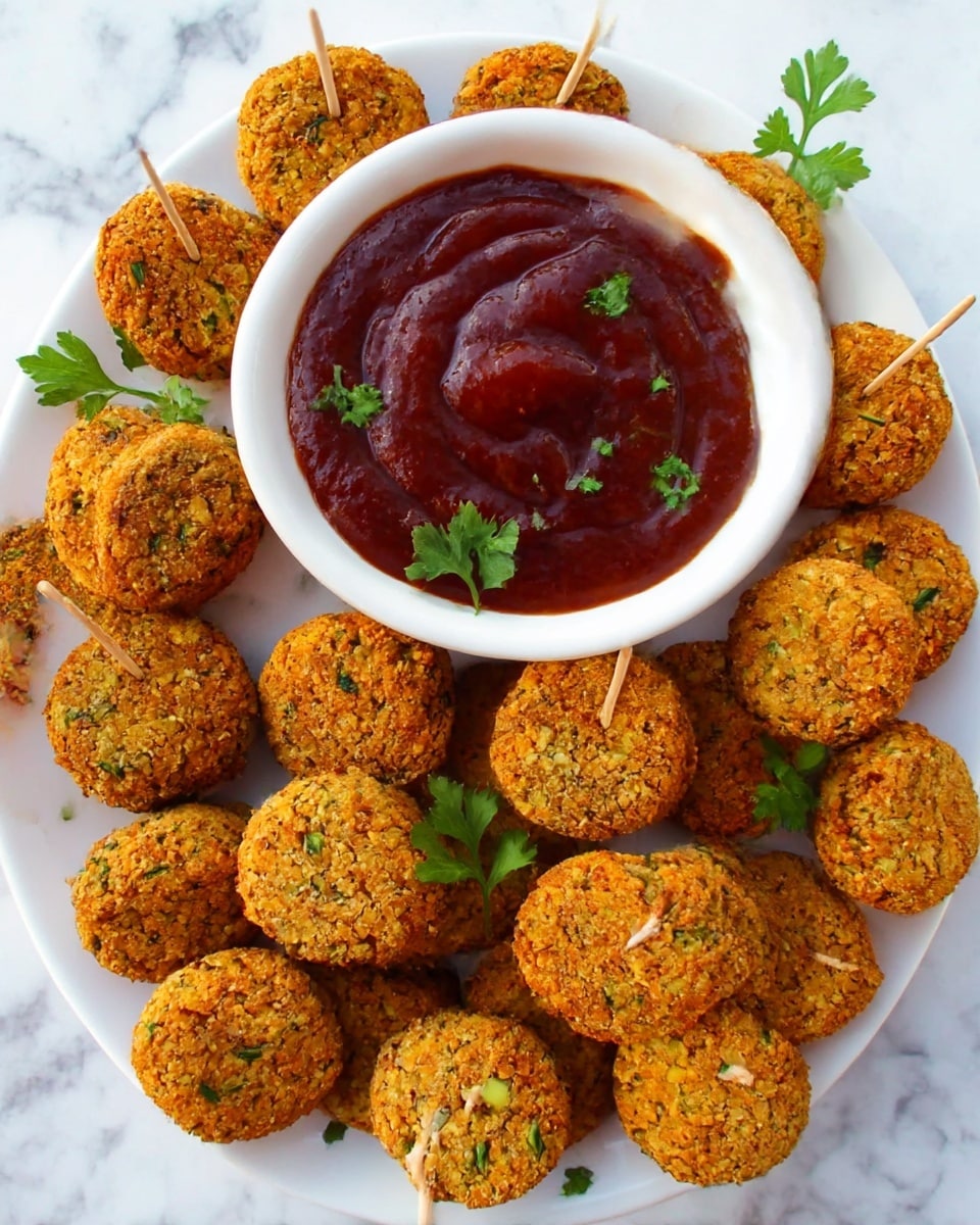 The image shows a white plate with about twenty round falafel patties, golden-brown and textured with small green herb bits, arranged around a central white bowl filled with dark red-brown sauce that looks thick and glossy. Some falafels have toothpicks stuck in them, and small fresh parsley leaves are scattered over the falafels and the plate for garnish. The plate sits on a surface with a white marbled texture. photo taken with an iphone --ar 4:5 --v 7