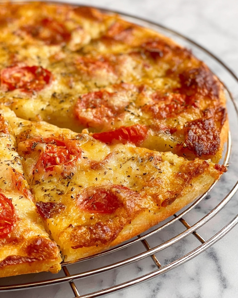 A close-up view of a thin crust pizza resting on a round metal cooling rack. The pizza has a golden-brown crust with slightly blistered edges, topped with melted cheese that is bubbly and browned in places. Scattered pieces of sliced tomato add spots of red color among the cheese. The toppings appear slightly seasoned with specks of black pepper. The background shows a white marbled texture surface beneath the cooling rack. photo taken with an iphone --ar 4:5 --v 7