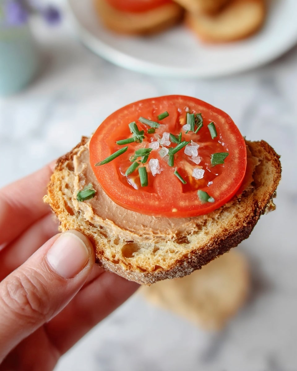 The image shows a slice of brown bread with a thick spread of light tan pâté that has a smooth, slightly crumbly texture. On top of the pâté lies a vibrant red tomato slice with visible seeds and juice, garnished with small green chives and tiny purple lavender buds. In the background, there is a small white plate holding a rounded, smooth block of the same pâté decorated on top with a few green herbs and purple lavender sprigs. A silver knife rests on the plate next to the pâté. The scene is set against a white marbled surface, creating a clean, fresh look. photo taken with an iphone --ar 4:5 --v 7
