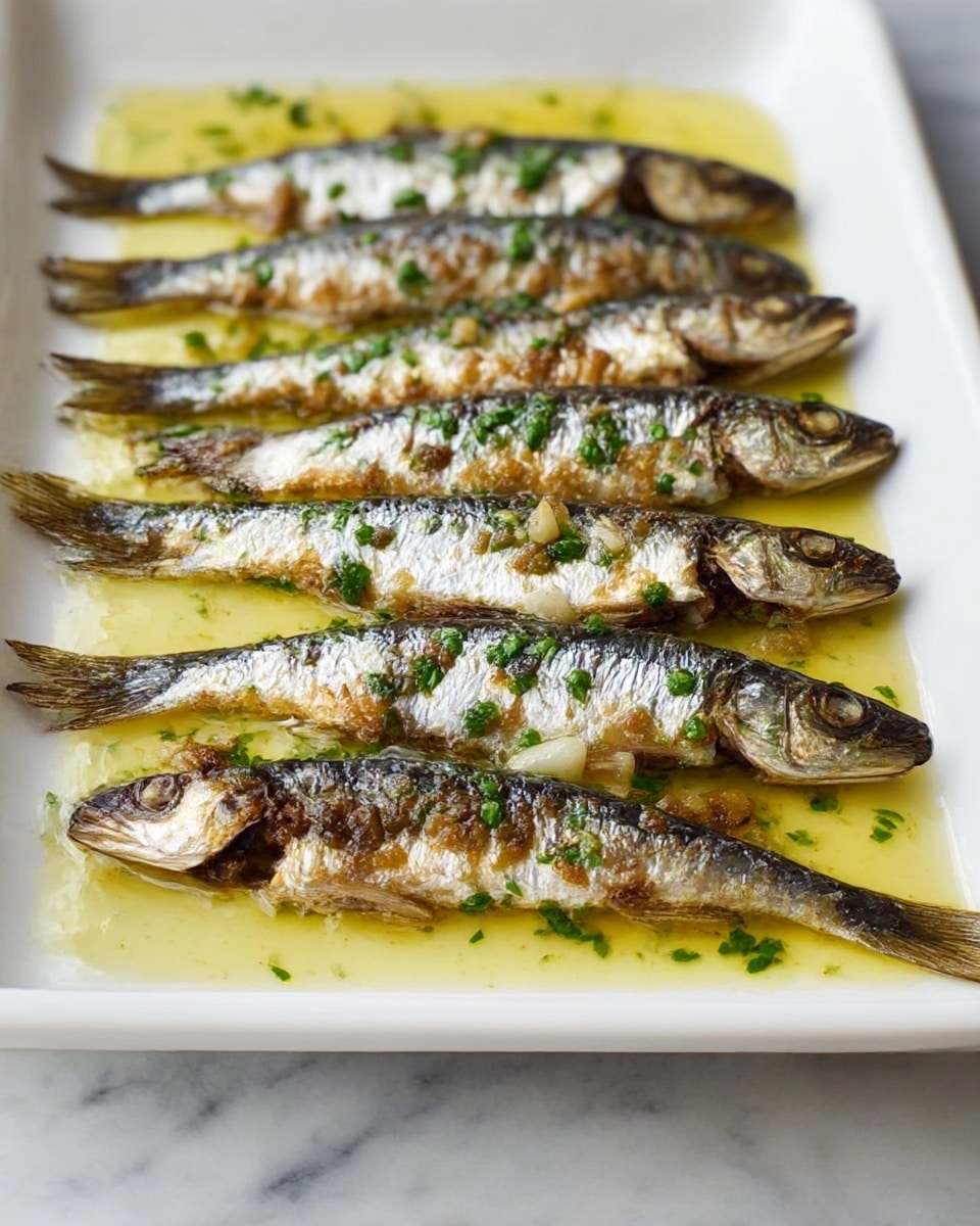 A white rectangular dish holds a neat row of eight small grilled fish, each with crispy, browned skin showing silver and black tones. The fish are placed side by side with their tails overlapping slightly toward the front of the plate. They are garnished with small pieces of green herbs and bits of garlic scattered over and around them. The fish sit in a light yellow oil or sauce that coats the bottom of the dish. The dish is set on a white marbled surface. photo taken with an iphone --ar 4:5 --v 7