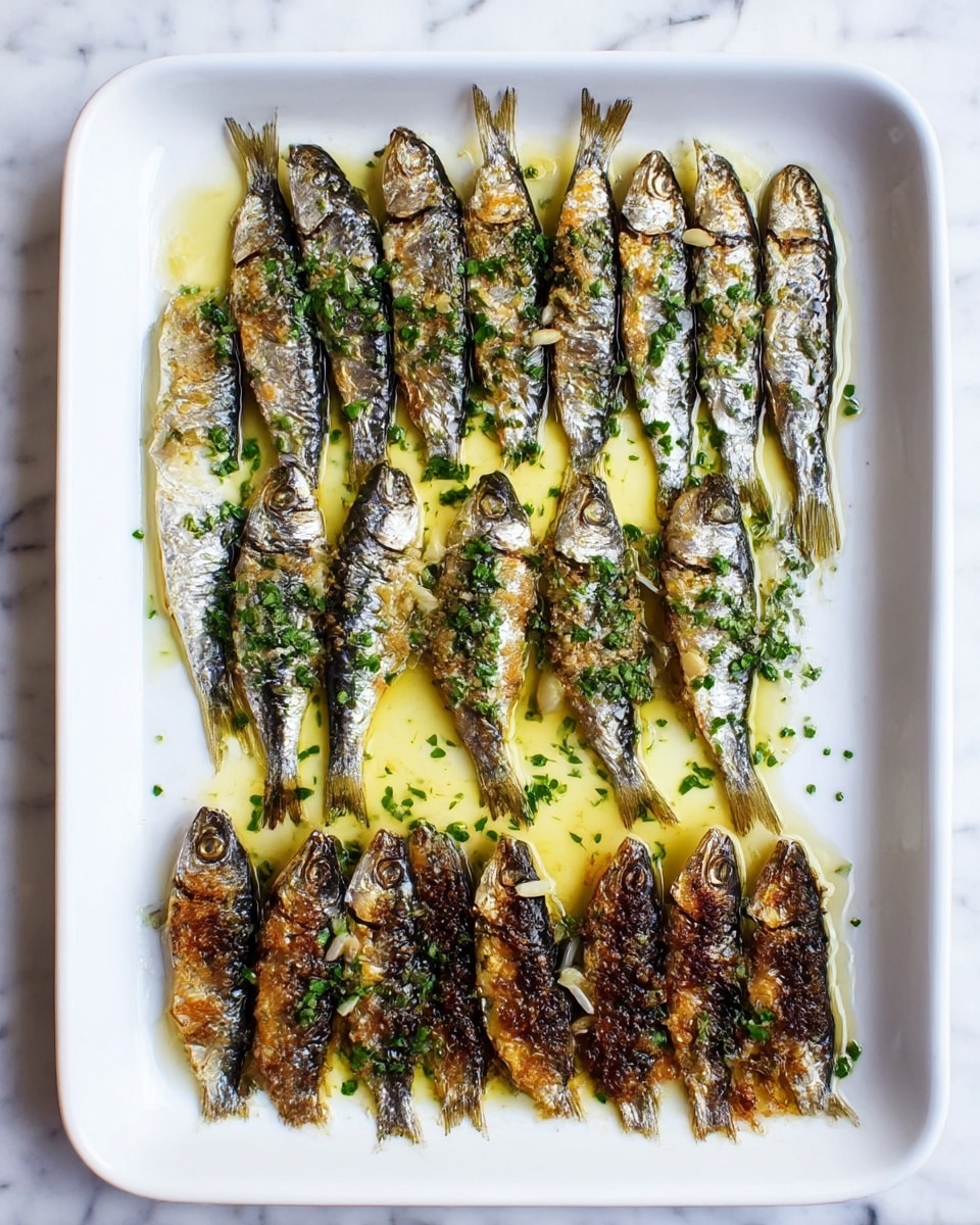 A white rectangular dish holds two rows of grilled sardines arranged neatly. The top row has whole sardines with skin showing browned grilling marks, some tails slightly charred, and the flesh glistening with olive oil. The bottom row displays the sardines without tails, also grilled with brown, crispy skin and oil pooling slightly around them. Both rows are sprinkled with small bits of chopped green herbs and thin slices of garlic, adding color contrast to the silver of the fish and the light golden oil. The dish sits on a white marbled texture surface. photo taken with an iphone --ar 4:5 --v 7