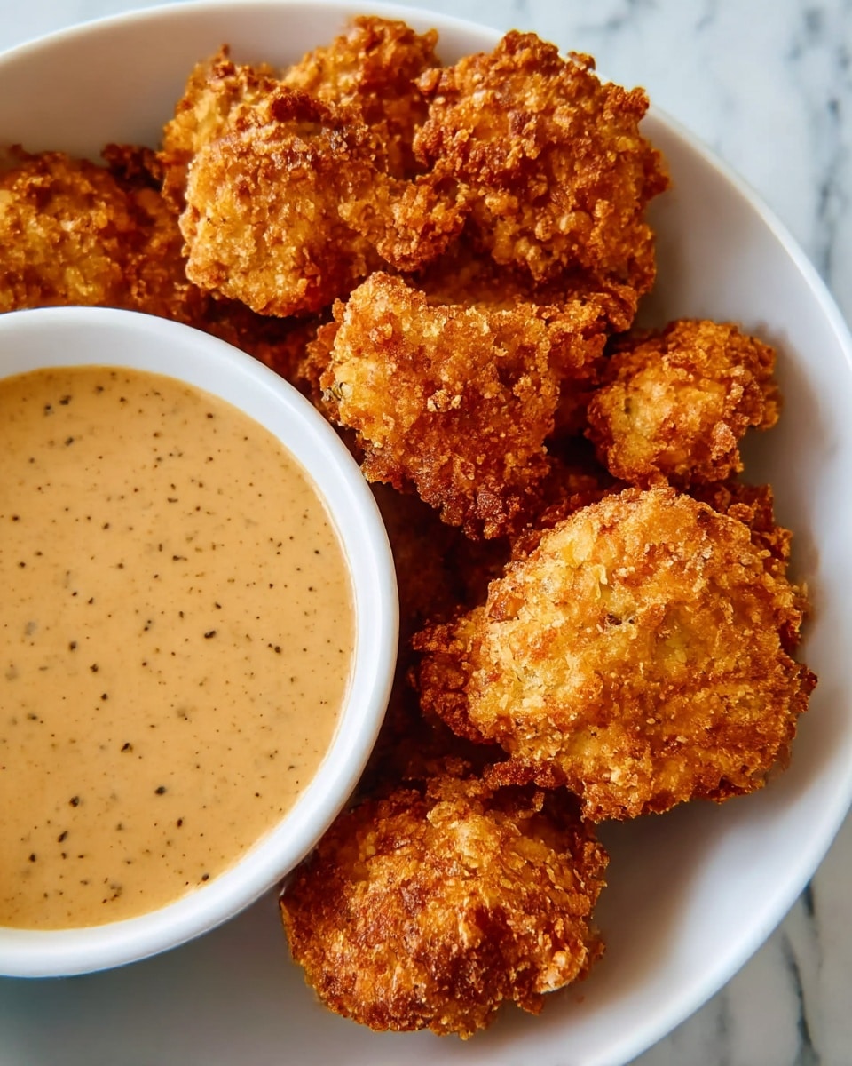 A white plate holds a circle of small, round, golden-brown fried bites with a rough, crunchy texture. In the center of the plate, there is a white bowl filled with a smooth, creamy orange dipping sauce that looks thick and slightly speckled. The fried bites are arranged closely around the bowl, creating a clear contrast between the crispy texture and the sauce's smooth surface. The setting features a white marbled texture underneath. photo taken with an iphone --ar 4:5 --v 7