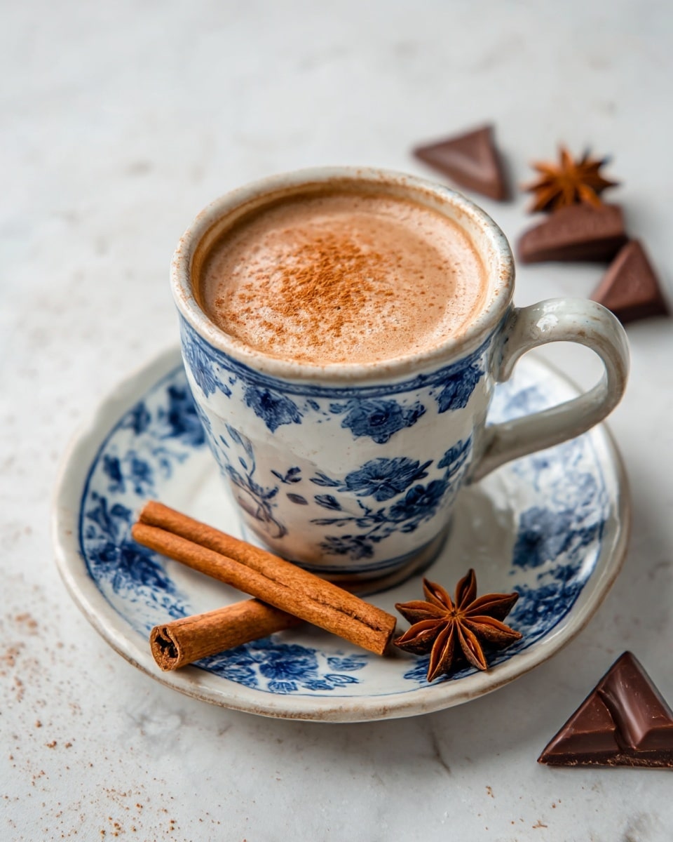 A ceramic cup with blue floral patterns filled with creamy, light brown hot chocolate topped with a light dusting of brown cinnamon powder, placed on a matching white ceramic saucer with blue floral designs; beside the cup, two cinnamon sticks rest on the saucer, while star anise and triangular chocolate pieces are arranged on the white marbled surface surrounding the cup, creating a warm and cozy scene. photo taken with an iphone --ar 4:5 --v 7