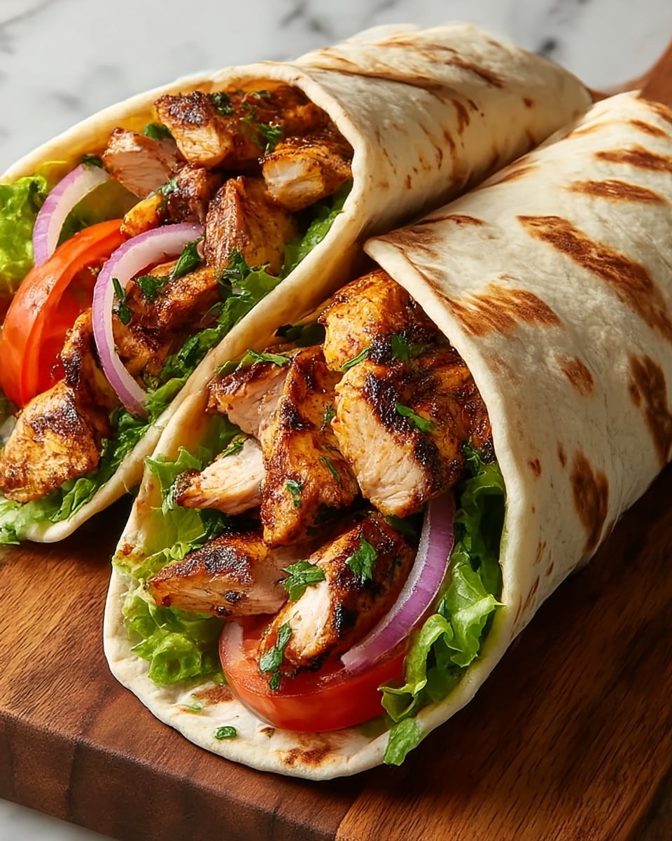 The image shows two wraps filled with juicy grilled chicken pieces that have a golden brown and slightly charred texture. Inside the wrap, there is a base layer of fresh green leafy lettuce, topped with thin slices of red onion and bright red tomato slices. The chicken is garnished with chopped green herbs, adding a fresh color contrast. The wraps are made with soft, slightly toasted flatbreads with light brown spots, folded around the filling and resting on a wooden board with a white marbled textured surface in the background. photo taken with an iphone --ar 4:5 --v 7