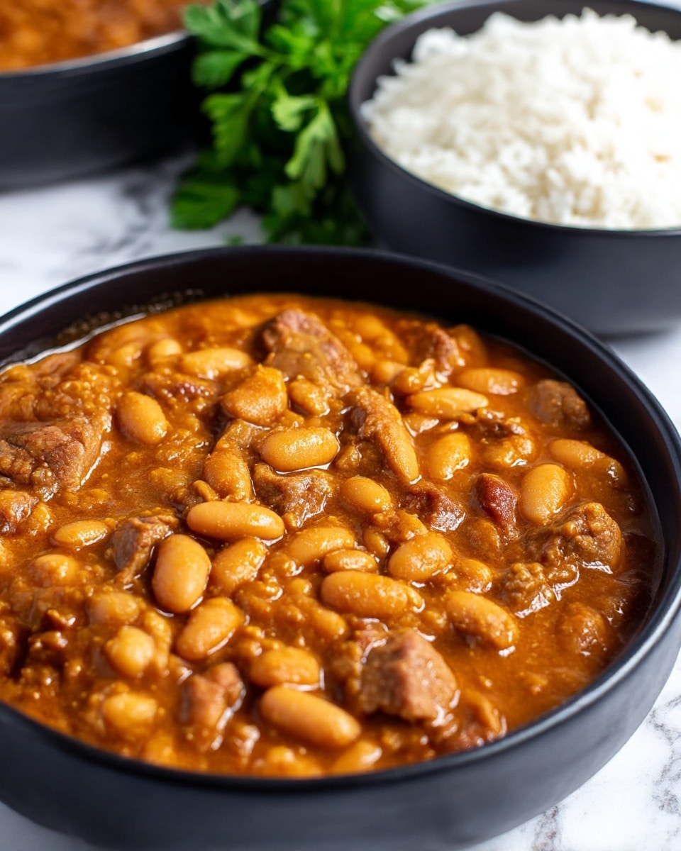 A close-up of a deep black bowl filled with a thick stew that has light brown beans and pieces of brown meat mixed in a rich, orange-brown sauce, giving a hearty, chunky texture. Behind it, there is a black bowl filled with white rice, slightly blurred, and some fresh green parsley on a white marbled surface. The stew fills the bowl almost to the top, showing the uneven chunks of beans and meat evenly spread. Photo taken with an iphone --ar 4:5 --v 7