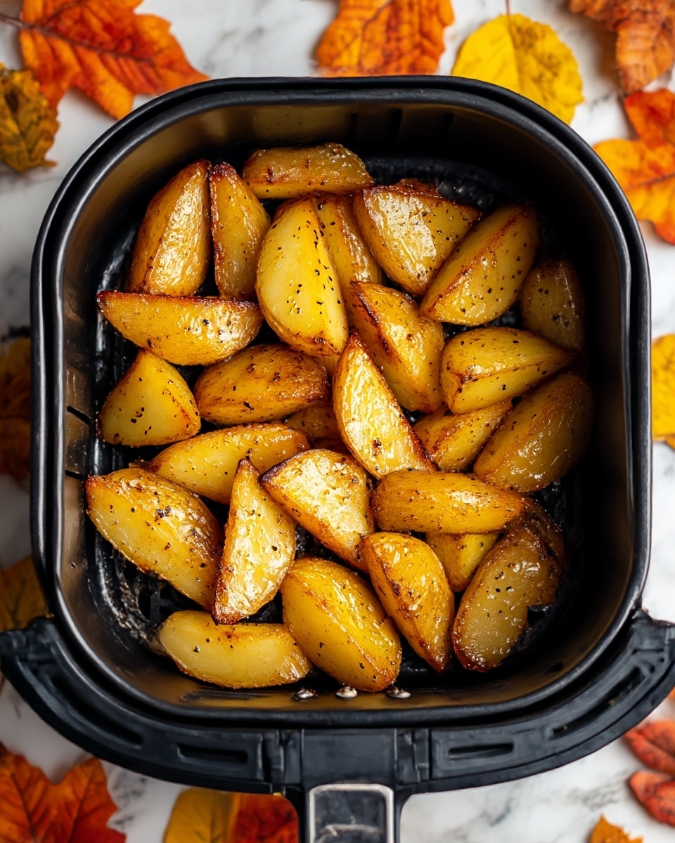 The image shows a black air fryer basket filled with golden-brown roasted potato wedges. Each wedge is thick, with a crispy-looking outer layer that is lightly charred in spots, showing a mix of golden yellow and light brown colors. The potatoes appear glossy from oil or seasoning, with visible specks of black pepper or spices on the surface. The basket sits on a white marbled texture with scattered orange and yellow autumn leaves in the background, adding a warm, cozy feeling. photo taken with an iphone --ar 4:5 --v 7