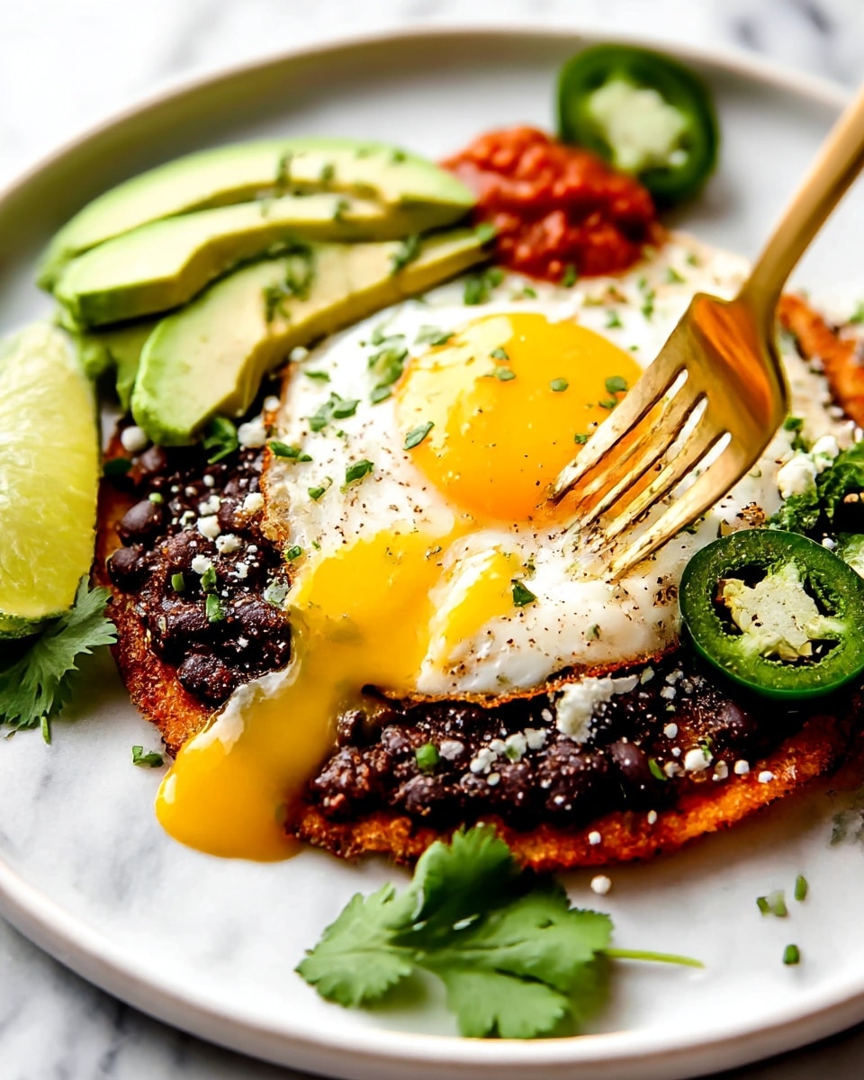A close-up of a dish on a white plate with a round, golden-brown crispy base topped with a thick layer of dark black beans mixed with crumbled white cheese and sprinkled with green chopped herbs. On top of the beans sits a sunny-side-up fried egg with a bright yellow runny yolk spreading slightly over the beans. Next to the egg, there are several slices of light green avocado and sliced dark green jalapeños, with a dollop of red salsa on the side. A gold fork is gently pressing into the egg yolk. A lime wedge and some fresh cilantro leaves are placed at the edge of the plate, all set on a white marbled surface. photo taken with an iphone --ar 4:5 --v 7