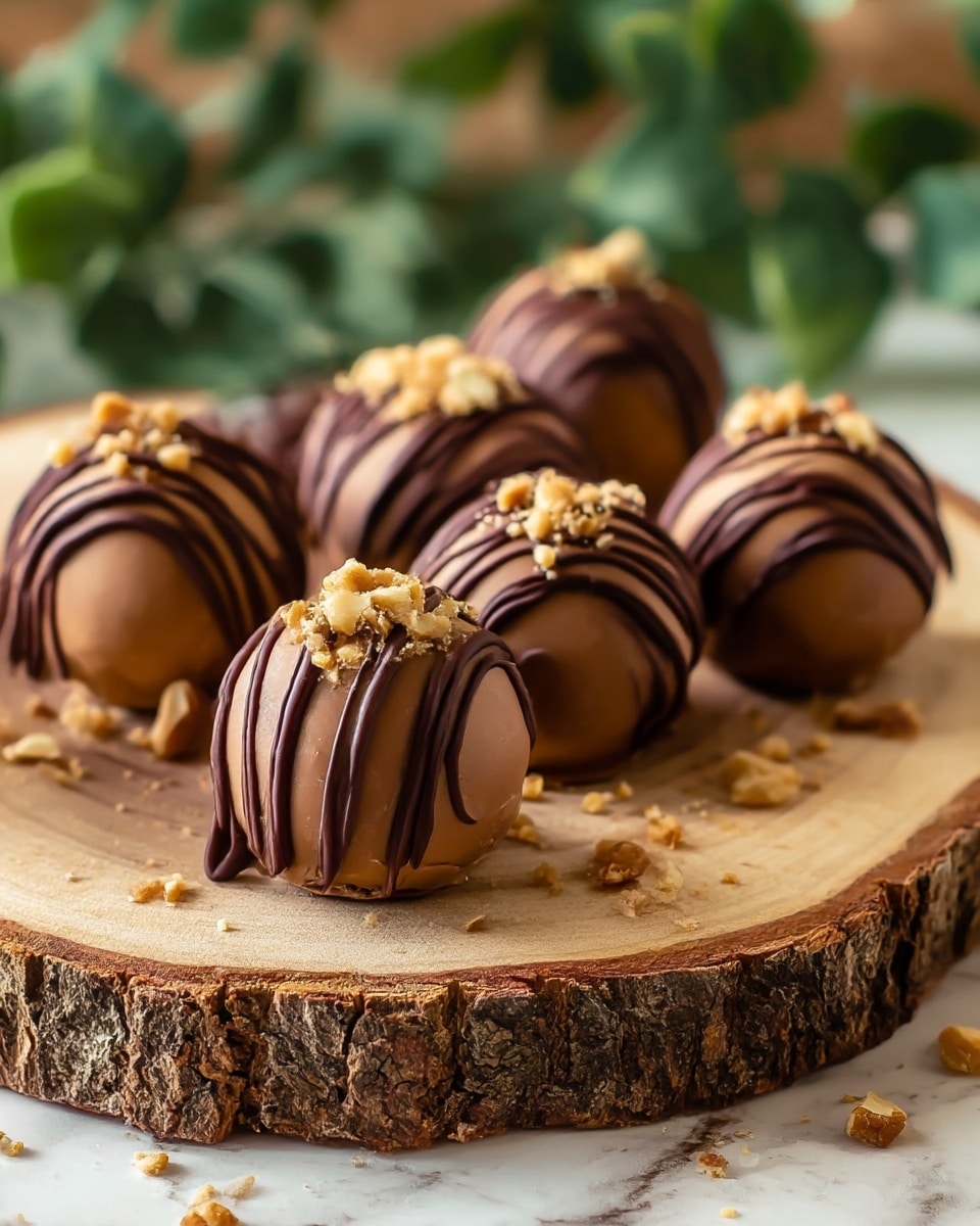 The image shows round chocolate balls arranged on a thick wooden slice with bark on the edges. Each ball is coated with smooth light brown chocolate, topped with a dark chocolate drizzle in thin stripes crossing over the surface, and sprinkled with small crushed nuts that add texture. The wooden slice carries some scattered nut crumbs around the balls. The background is softly blurred with green leaves, while the surface under the slice is changed to a white marbled texture. photo taken with an iphone --ar 4:5 --v 7