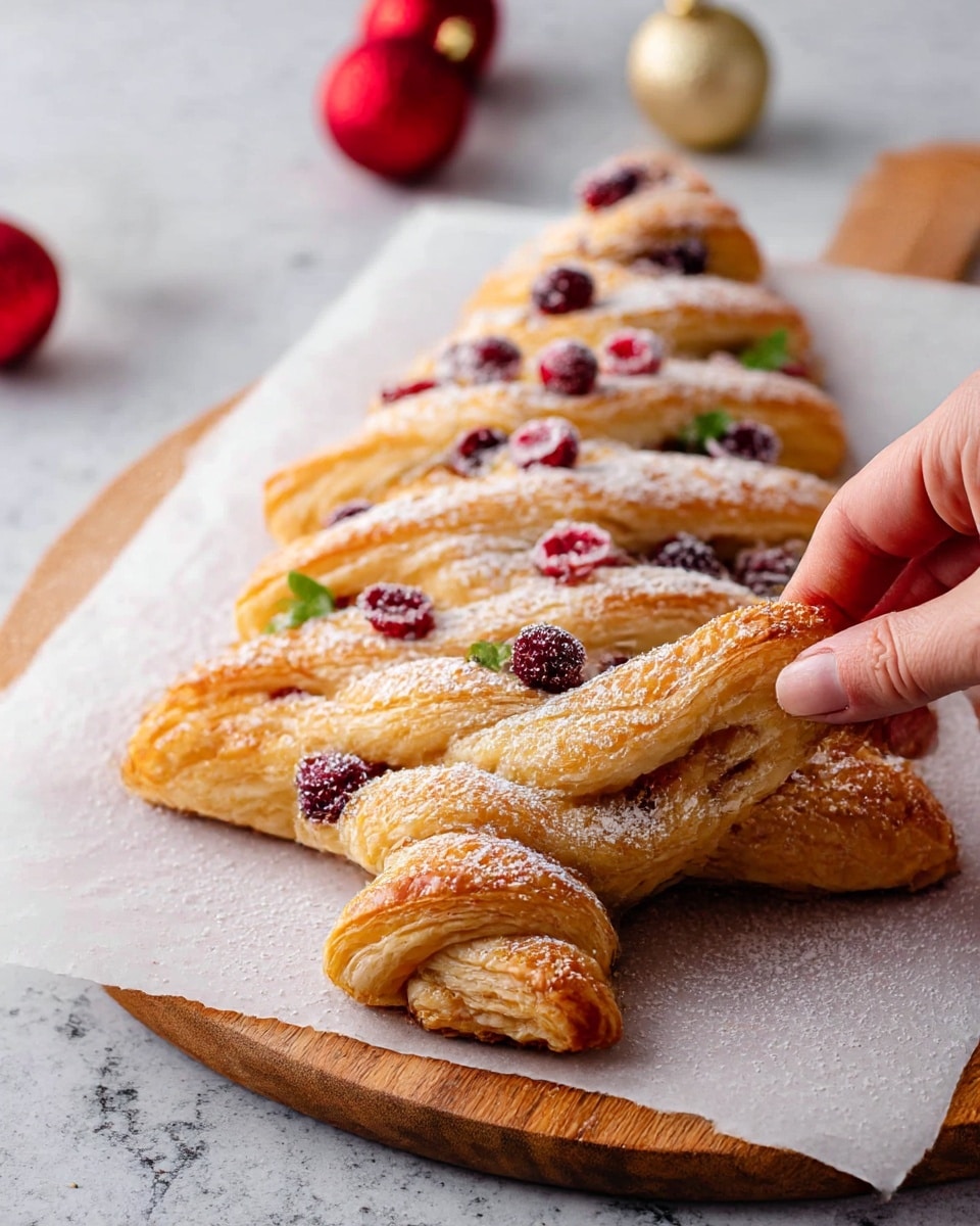 A golden-brown puff pastry shaped like a twisted Christmas tree with multiple twisted layers. The pastry is dusted with white powdered sugar, creating a light powdery cover. Bright red and dark red cranberries are scattered over the top, some whole and some sliced showing their inner texture, adding pops of color along the twists. Small green leaves are placed intermittently near the cranberries for contrast. A woman's hand is pulling one twisted tip from the lower right corner, showing the flaky and soft texture of the pastry layers. The pastry rests on white parchment paper over a wooden board, with a white marbled surface below. In the background, there are red and gold Christmas ornaments slightly out of focus. Photo taken with an iphone --ar 4:5 --v 7