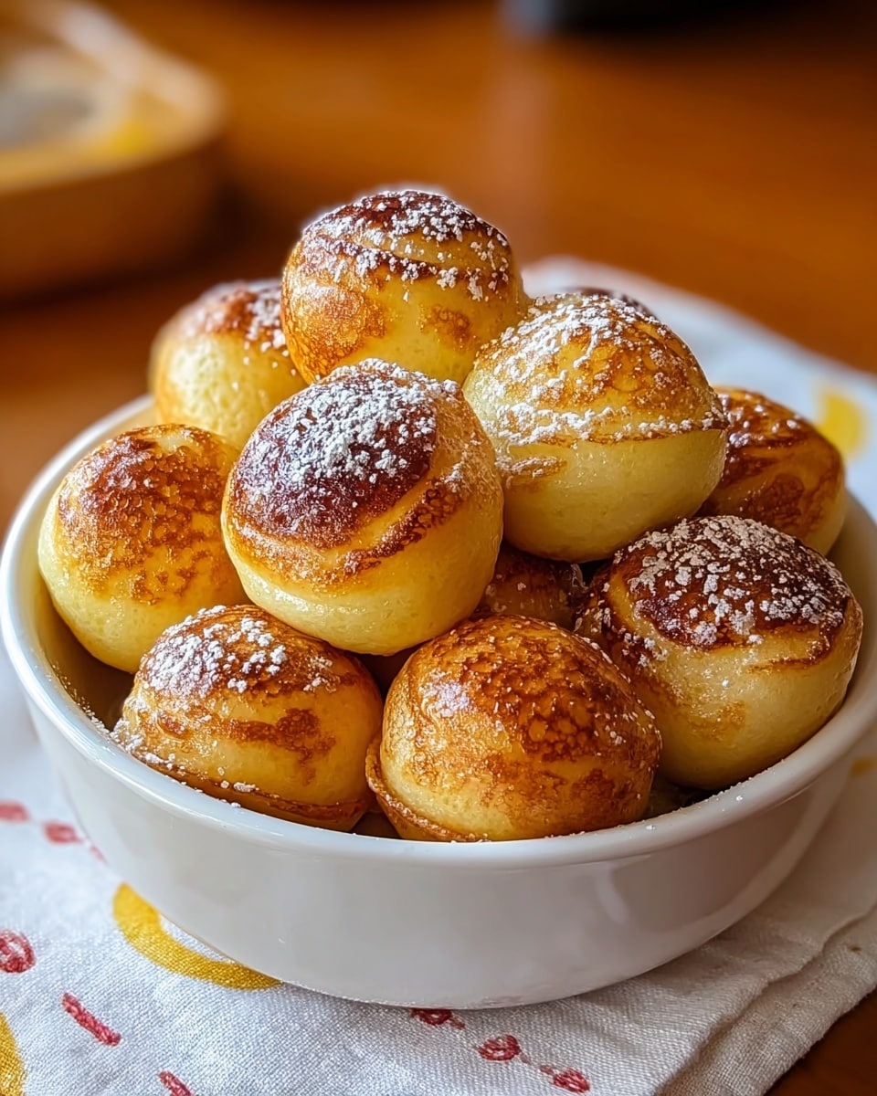 A round white bowl filled with about 14 small, round, golden brown pancake balls, each with a slightly crispy and browned top layer, some dusted lightly with powdered sugar. The pancake balls are piled close together, showing a soft, smooth texture on the sides and a caramelized crust on top. The bowl rests on a wooden table with a white cloth featuring small yellow and red patterns partially visible under the bowl. The background is blurred but warm toned. Photo taken with an iphone --ar 4:5 --v 7