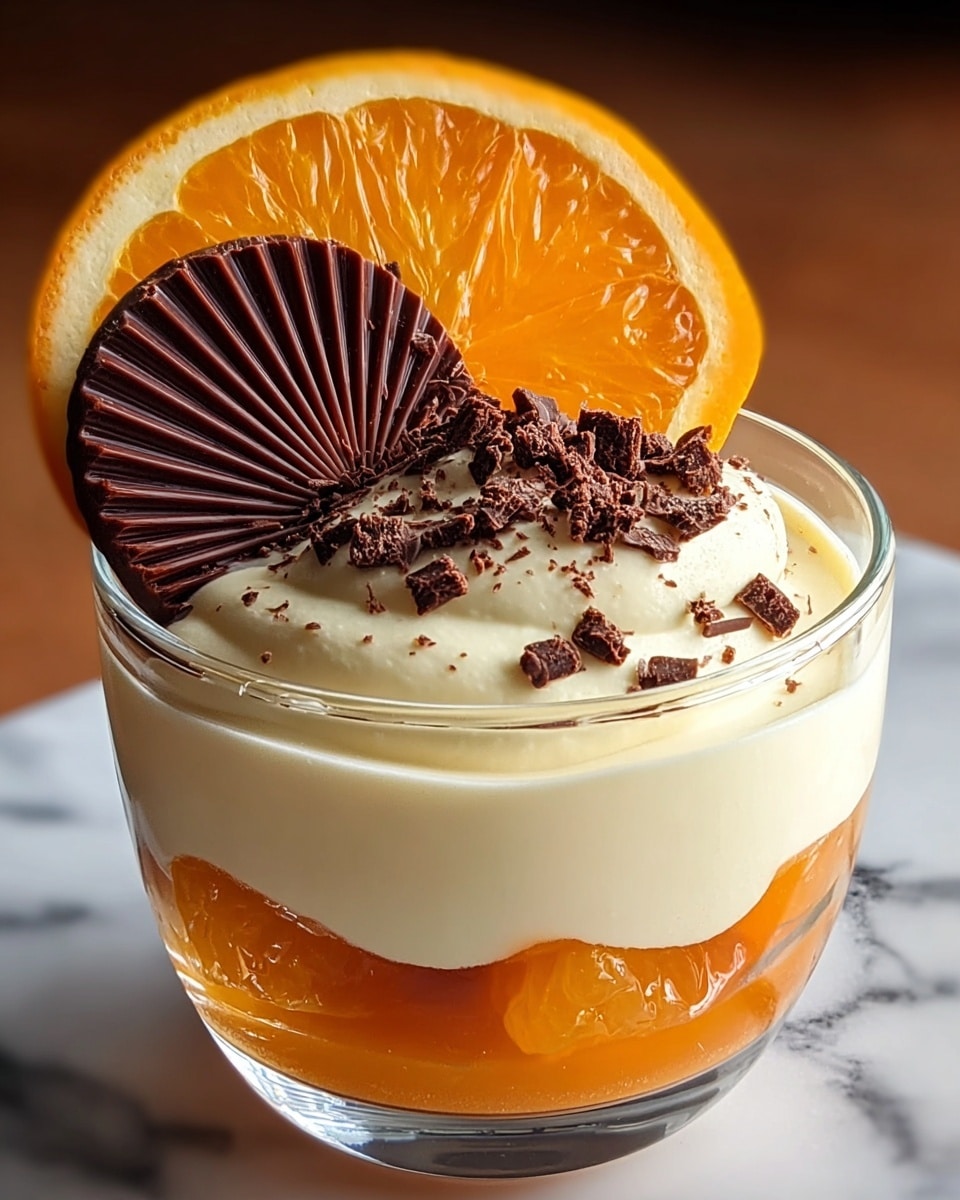 A clear glass cup shows three layers of dessert: the bottom layer is smooth orange jelly or sauce, the middle layer is a chunkier orange fruit or cake piece, and the top layer is a thick, creamy white mousse or whipped cream. On top, there are small dark chocolate shavings sprinkled around and a slice of fresh, bright orange resting upright. Behind the orange slice is a large, round piece of dark chocolate with a textured, fan-like pattern. The cup is placed on a white marbled surface. photo taken with an iphone --ar 4:5 --v 7