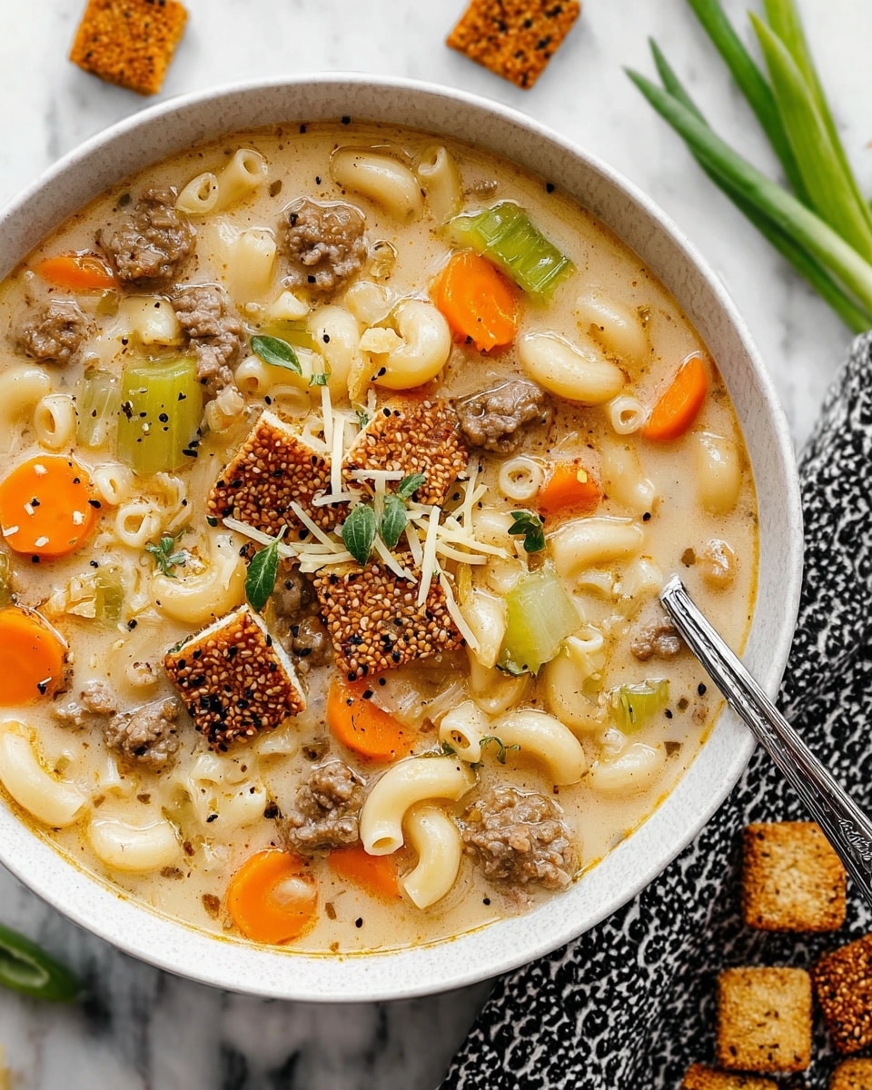 A close-up view of a white bowl filled with creamy soup showing several layers: the base layer is light beige creamy broth with small elbow macaroni scattered throughout; chunks of cooked ground meat and bright orange carrot slices spread evenly around the bowl; pieces of green celery add more color and texture; crispy square croutons coated with sesame seeds float on top; shredded cheddar cheese sits in the middle, sprinkled with black pepper and small green herb leaves; a silver spoon rests inside the bowl; the bowl is on a white marbled surface with a black and white patterned cloth partially visible on the right side, and some green onion slices and extra croutons nearby. Photo taken with an iphone --ar 4:5 --v 7