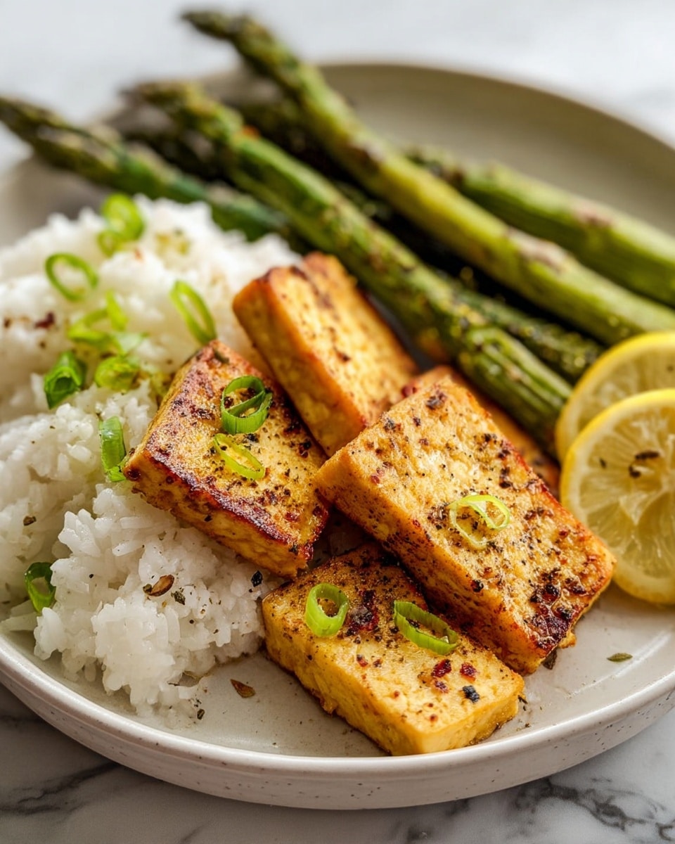 The dish shows a white round plate with a base layer of fluffy white rice topped with small slices of green onion. On one side of the rice are five rectangular golden-brown grilled tofu pieces sprinkled with pepper and small bits of herbs. Behind the rice and tofu are several long green asparagus spears with a lightly charred texture. A sliced lemon wedge is placed near the asparagus for garnish. The plate sits on a white marbled surface. photo taken with an iphone --ar 4:5 --v 7