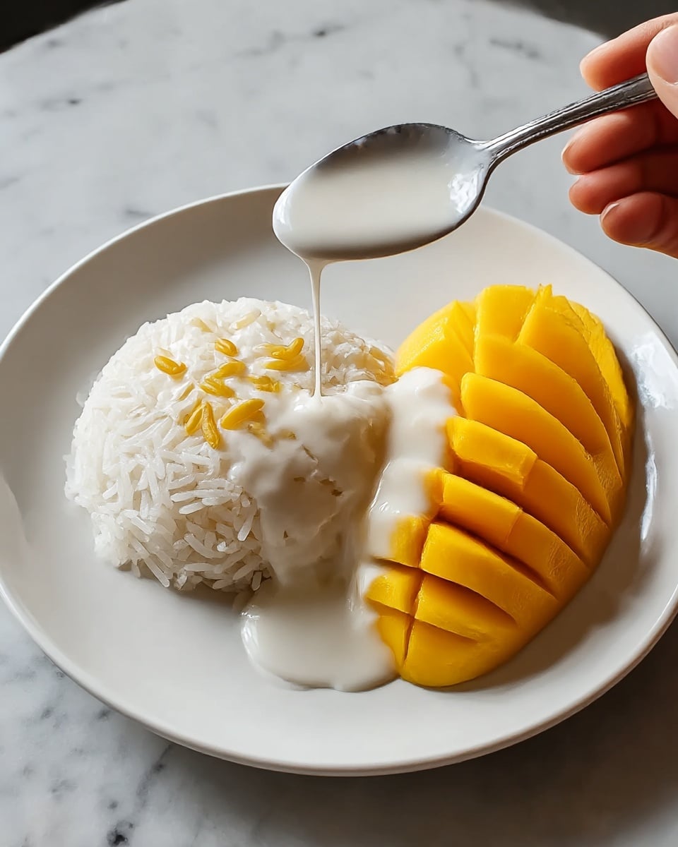 A white bowl holds a dessert with two main parts: on the left, there is a mound of sticky white rice covered with thick white coconut cream sauce that drips down the side, topped with small golden yellow mung beans; on the right, there are neatly sliced, bright yellow mango pieces arranged closely in a row. A woman's hand holds a silver spoon above the rice, lifting some rice and coconut cream with a few mung beans on top. The background is a white marbled surface. photo taken with an iphone --ar 4:5 --v 7