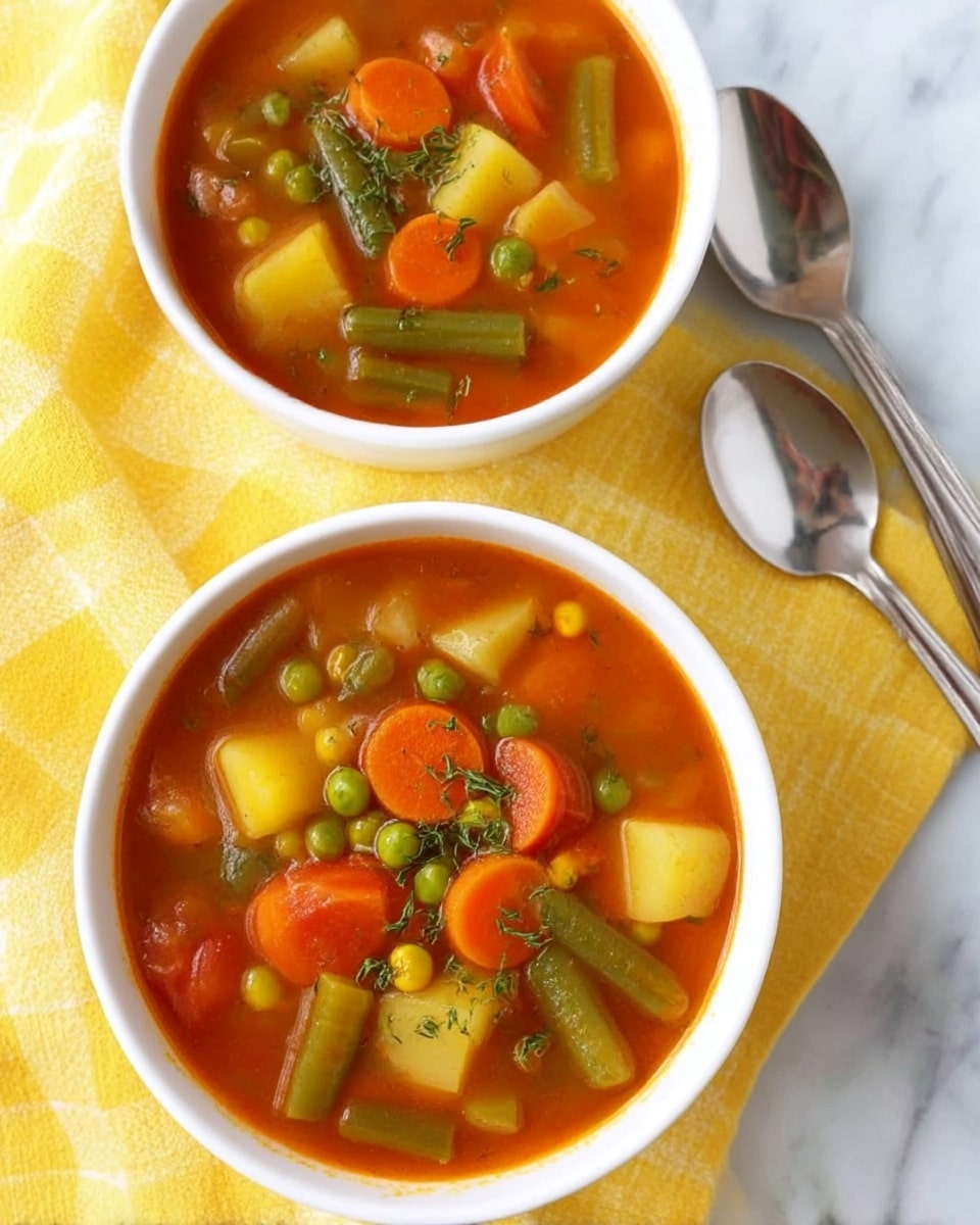 A close-up view of a pot filled with chunky vegetable soup showing about three layers of ingredients. The bottom layer is a rich, reddish-orange broth. The middle layer contains visible slices of soft orange carrots and cut green beans. The top layer has bright yellow corn, green peas, diced pale potatoes, and bits of translucent celery, all mixed evenly and sprinkled with coarse black pepper and small green herb pieces. The pot is yellow with a light blue rim resting on a white marbled surface with a white cloth nearby. Photo taken with an iphone --ar 4:5 --v 7