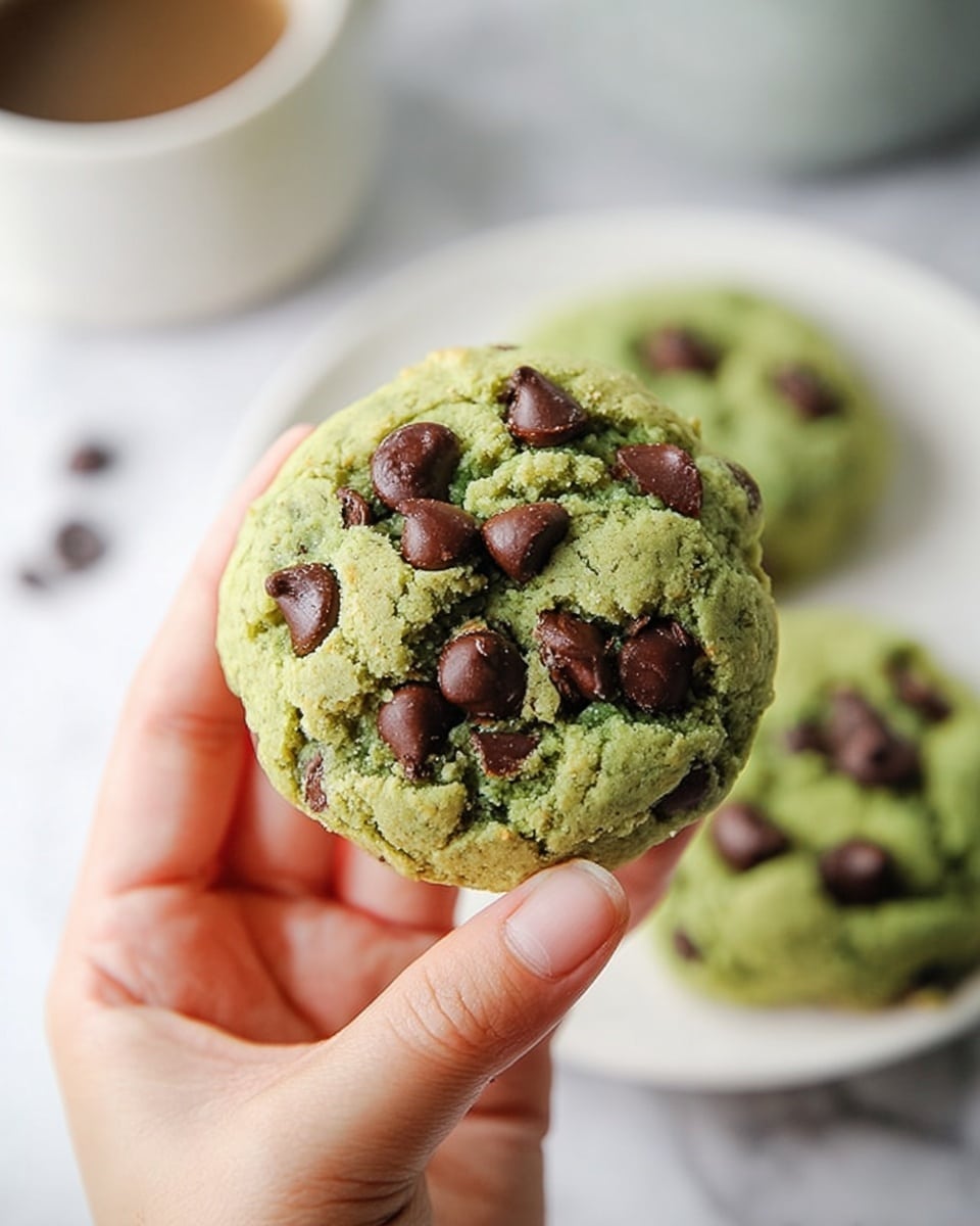 A close-up of a thick, round green cookie with a rough texture, filled and topped with large dark brown chocolate chips scattered unevenly, showing slight golden baked spots on the edges; the cookie is held gently by a woman's hand over a white marbled surface. In the background, there is a white plate with two similar cookies blurred, along with a white mug also out of focus. Photo taken with an iphone --ar 4:5 --v 7