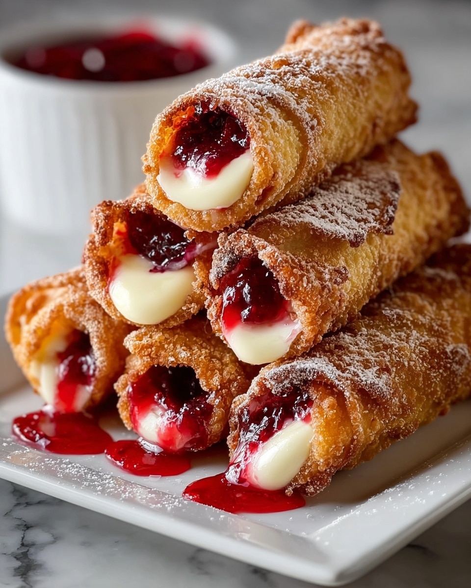 A stack of five golden-brown fried rolled pastries is placed on a white rectangular plate on a white marbled surface. Each pastry is crispy with a slightly bubbly texture on the outside, dusted lightly with powdered sugar. The rolls are filled with two layers visible at the open ends: a smooth, creamy white layer and a vibrant, glossy red fruit filling that is slightly dripping onto the plate. The rolls are stacked in a pyramid shape, with three on the bottom, one in the middle, and one on top. In the background, there is a white bowl filled with the same red fruit sauce, slightly out of focus. Photo taken with an iphone --ar 4:5 --v 7