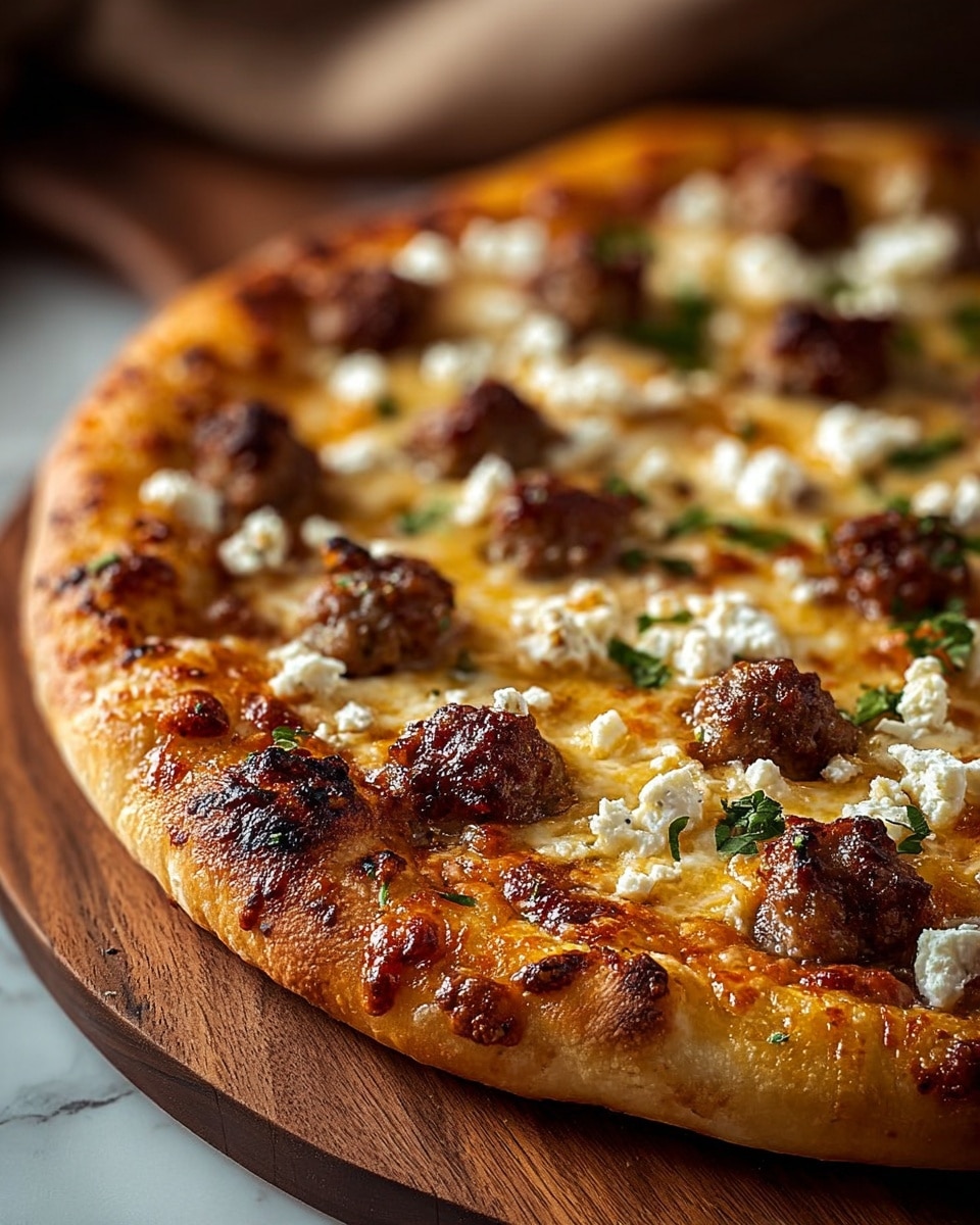 The image shows a close-up of a pizza placed on a wooden board. The pizza has a thick, golden-brown crust with some charred spots around the edges. The first layer is melted cheese covering the whole surface, topped with evenly spread small browned sausage pieces. There are also small white chunks of soft cheese scattered between the sausages and bits of green herbs sprinkled on top. The pizza looks hot and juicy with some oil glistening on its surface. The background has a warm, blurred setting with a white marbled texture beneath the board. Photo taken with an iphone --ar 4:5 --v 7