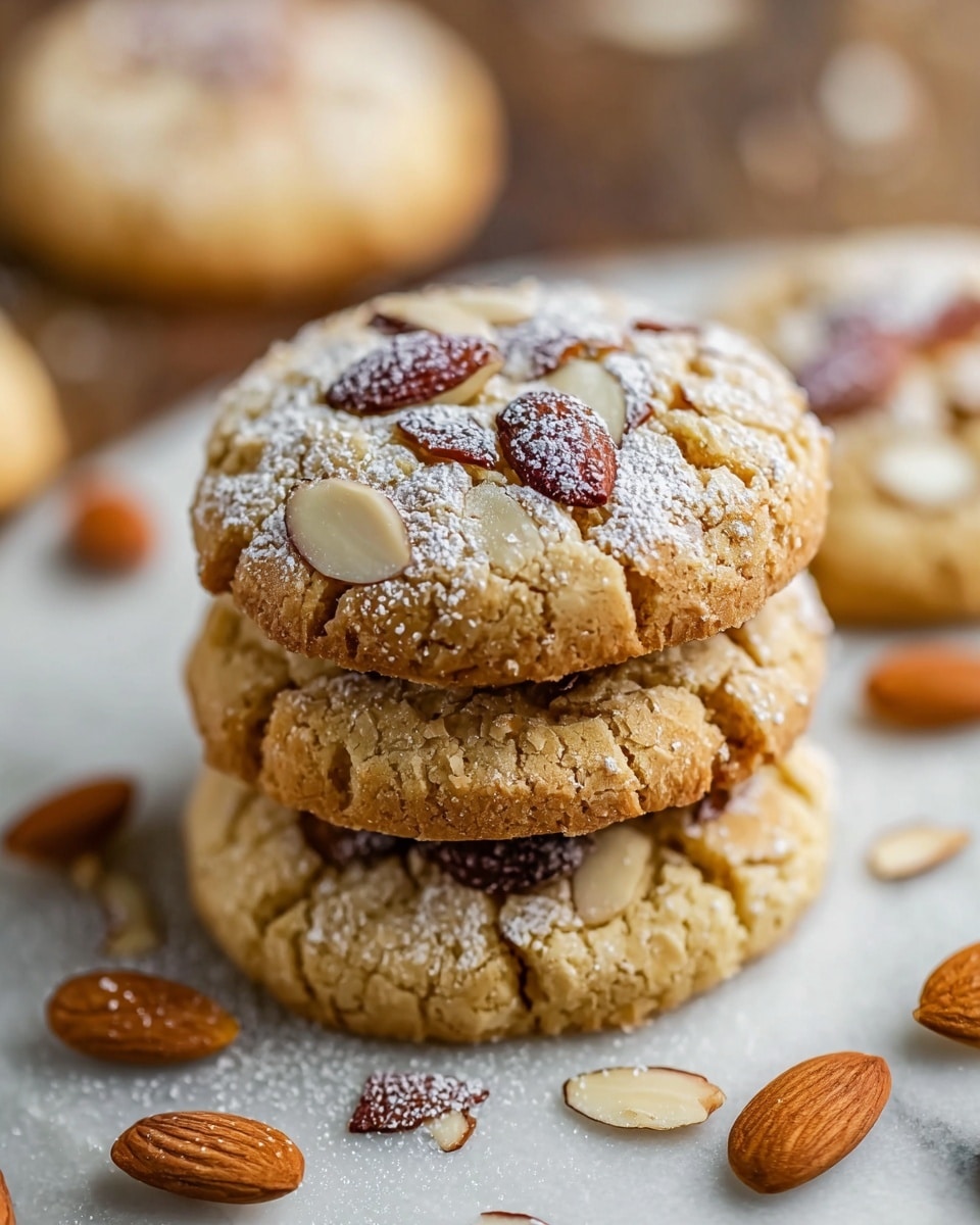 A close-up of a stack of three golden-brown cookies on a white marbled surface, each cookie showing a rough, crumbly texture and topped with whole almonds and thin almond slices dusted with powdered sugar. The cookies are thick and evenly round, with visible cracks on the surface. Around the cookies, scattered almond slices and whole almonds add a natural, rustic touch. The background is softly blurred, showing more cookies out of focus. photo taken with an iphone --ar 4:5 --v 7