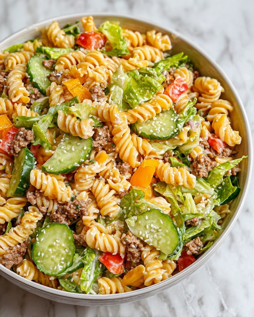 A large white bowl filled with a colorful pasta salad showing three main layers: the bottom and middle layers have light yellow rotini pasta mixed with small brown cooked ground meat pieces, vibrant green lettuce strips, and diced bright orange and red bell peppers; the top layer is garnished with light green cucumber pickle slices sprinkled with white sesame seeds. The textures show creamy dressing coating the pasta and vegetables, giving a fresh and rich look. The bowl is placed on a white marbled surface. Photo taken with an iphone --ar 4:5 --v 7