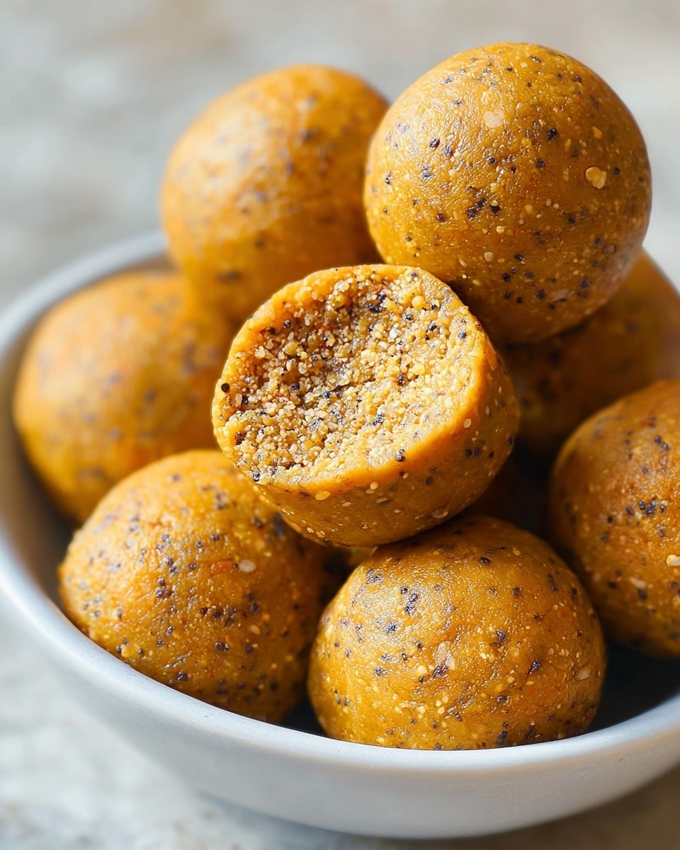 A close-up view of a bowl filled with eight round, firm-looking balls made of a yellowish-orange mixture speckled with small black and white bits. The balls have a smooth, slightly shiny surface, with one ball at the front partially broken, revealing a coarse, grainy inside texture that matches the outside color but appears more crumbly. The white bowl sits on a white marbled textured surface, and soft natural light highlights the texture and details of the balls. photo taken with an iphone --ar 4:5 --v 7