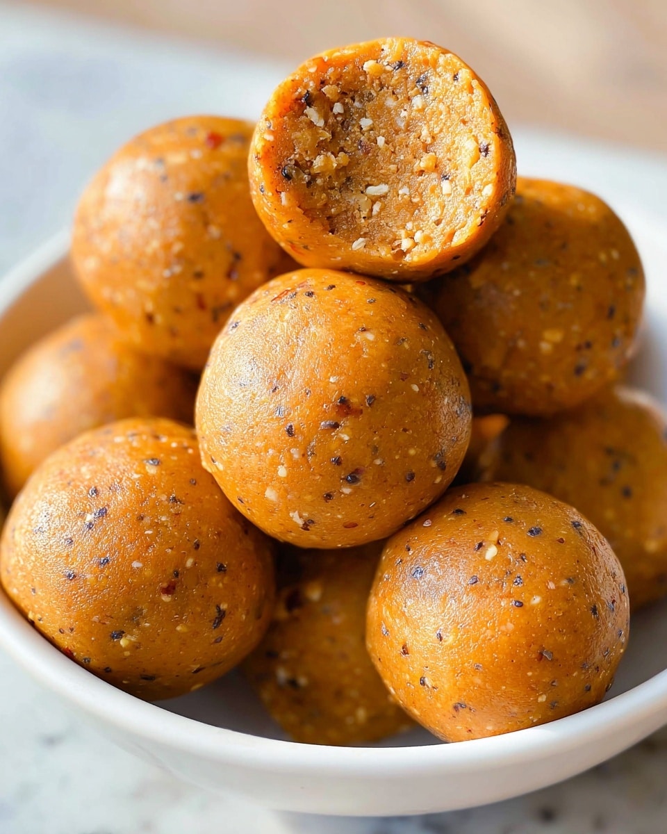 A close-up view of a white bowl filled with nine round, orange-colored energy balls speckled with small black and white bits, showing a smooth and slightly shiny texture on the outside. One ball is broken open at the front, revealing a soft, crumbly interior with visible pieces of nuts and seeds. The balls are piled up naturally in the bowl. The bowl is placed on a white marbled surface with soft natural light highlighting the texture and color of the balls. photo taken with an iphone --ar 4:5 --v 7