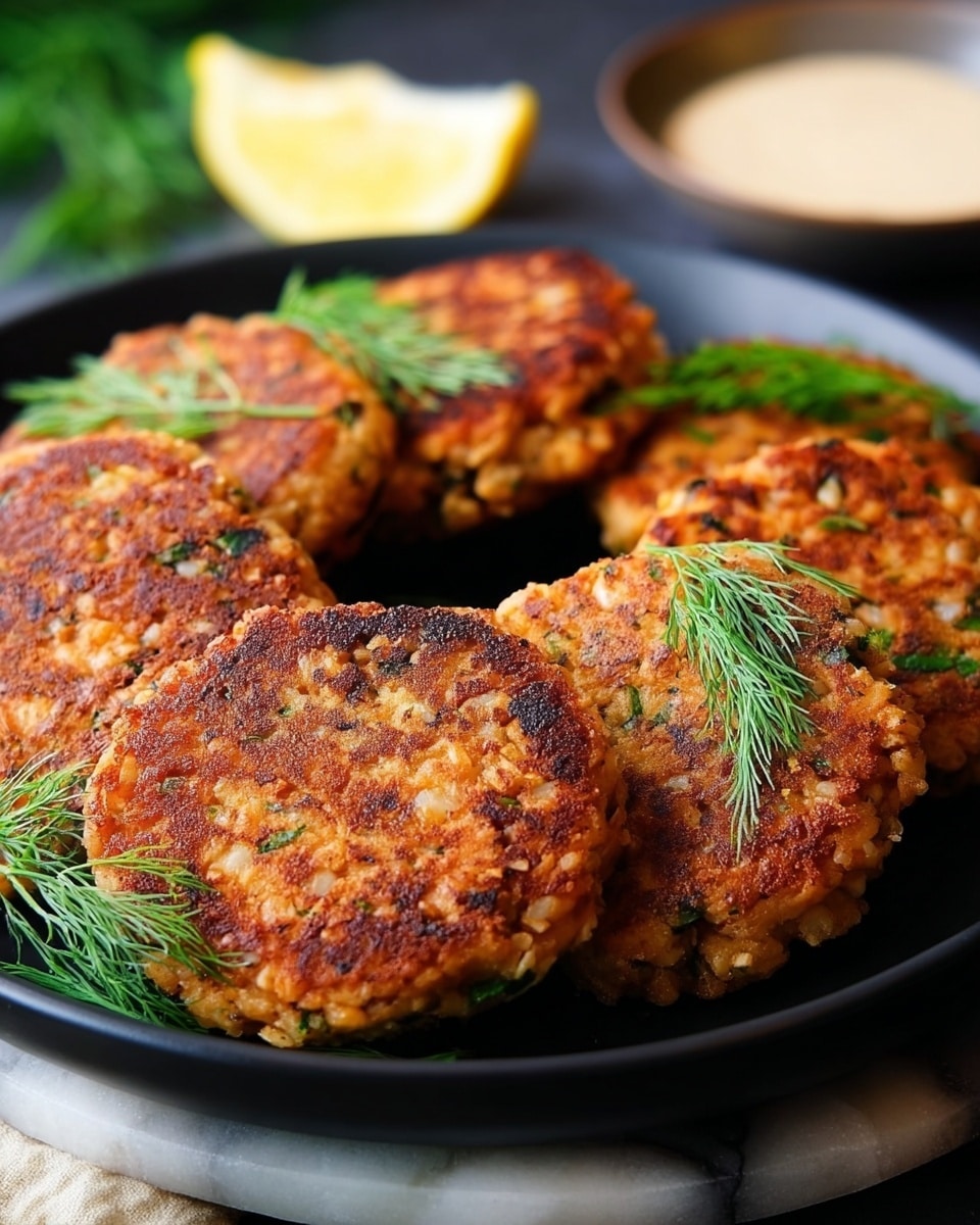 A black round plate holds five golden brown, pan-fried patties with a crispy texture and bits of green herbs mixed throughout. Each patty is thick and slightly rough on the sides, showing pieces of diced onions and herbs. Fresh green dill sprigs are placed decoratively on top, adding a touch of vibrant color. In the background, there is a lemon wedge on the left and a small bowl of sauce on a white marbled surface. The scene is softly lit, emphasizing the warm, appetizing colors of the patties. Photo taken with an iphone --ar 4:5 --v 7