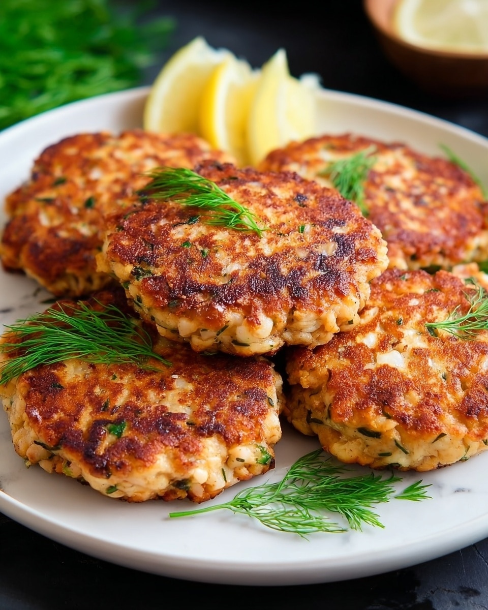 Five golden-brown patties with a slightly rough texture and visible small green herb pieces are arranged closely on a white plate. Each patty has a crispy surface with darker browned spots, and some fresh green dill sprigs are placed on top, adding a touch of color. In the background, blurred lemon wedges and more dill provide a fresh and natural feel. The plate sits on a white marbled surface that contrasts with the warm colors of the patties. photo taken with an iphone --ar 4:5 --v 7