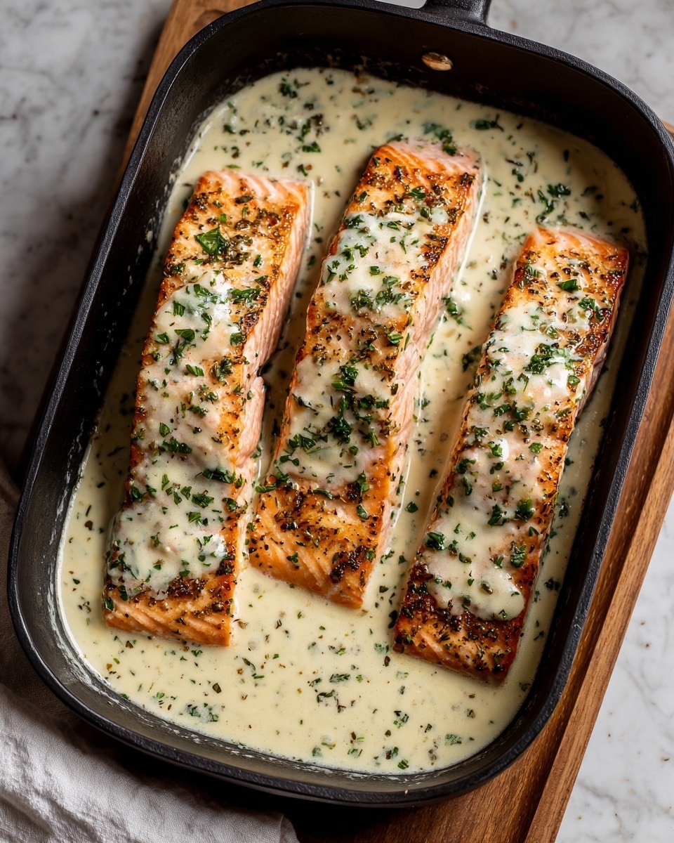 Three thick salmon fillets with a crispy, browned top layer covered in a creamy white sauce sprinkled with small green herb pieces sit in a black baking dish. The salmon flesh is pink-orange with visible lines and looks tender. The creamy sauce pools around the salmon, bubbling slightly with a smooth texture and some browned spots. The black baking dish rests on a wood surface with a bit of white cloth visible on one corner, all against a white marbled texture background. photo taken with an iphone --ar 4:5 --v 7