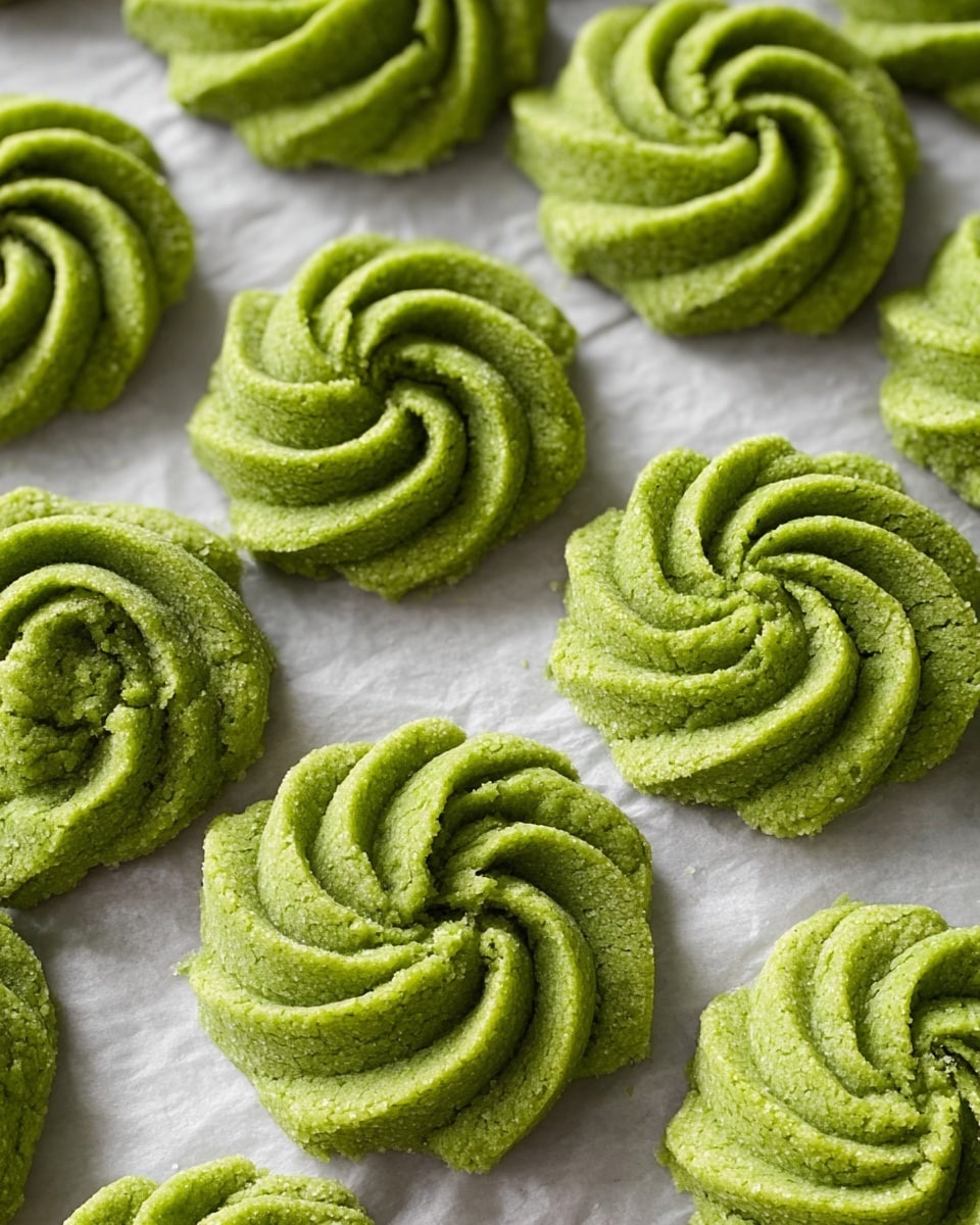The image shows several green swirled cookies arranged on a white marbled surface covered with parchment paper. Each cookie has one layer with a textured and soft appearance, shaped in a circular swirl pattern like a flower, with ridges and folds creating a raised, three-dimensional look. The green color is bright and consistent throughout the cookies, giving them a fresh and vibrant look. They are close to each other but not touching, showing their individual shapes clearly. Photo taken with an iphone --ar 4:5 --v 7