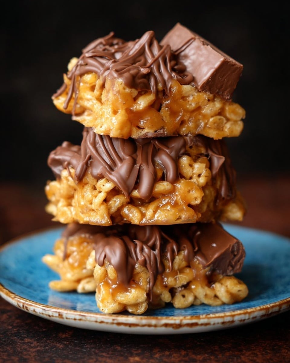 The image shows a stack of three chunky dessert clusters made of light golden, glossy cereal pieces bound with sticky caramel and topped with thick, smooth dark brown chocolate drizzles. Each layer is textured and irregular, with visible cereal shapes and caramel strands connecting the pieces. The clusters sit on a round white plate with a rustic blue bezel, set against a soft dark background which contrasts the glistening caramel and chocolate layers. Photo taken with an iphone --ar 4:5 --v 7
