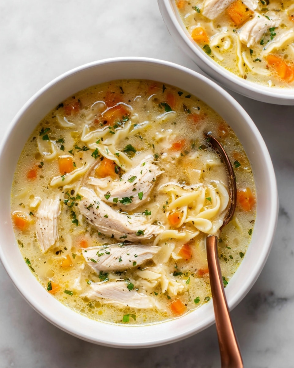 A white bowl filled with creamy chicken noodle soup, showing three visible layers: the bottom layer is a light golden broth, the middle layer contains small orange carrot cubes and tiny green herbs, and the top layer features three large pieces of white chicken breast. There are also thin, short noodles mixed throughout the soup. A copper spoon rests on the right edge of the bowl, partially submerged, with some soup and noodles on it. The bowl sits on a white marbled surface. A second white bowl with the same soup is partially visible in the background. Photo taken with an iphone --ar 4:5 --v 7