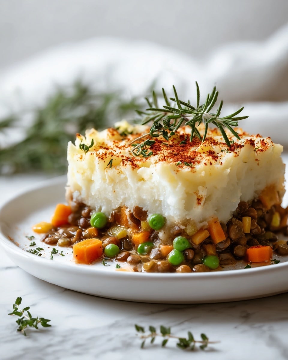 A close-up of a slice of shepherd's pie served on a white plate set on a white marbled texture. The bottom layer consists of small dark brown lentils mixed with bright orange carrot cubes and green peas. Above this is a thick, creamy layer of pale mashed potatoes, topped with a golden, slightly crispy mashed potato crust that has some small browned spots. Fresh green sprigs of rosemary and thyme rest on top of the mashed potato crust, and a light dusting of paprika is sprinkled across the surface and plate. A few sprigs of thyme are scattered around the plate. Photo taken with an iphone --ar 4:5 --v 7